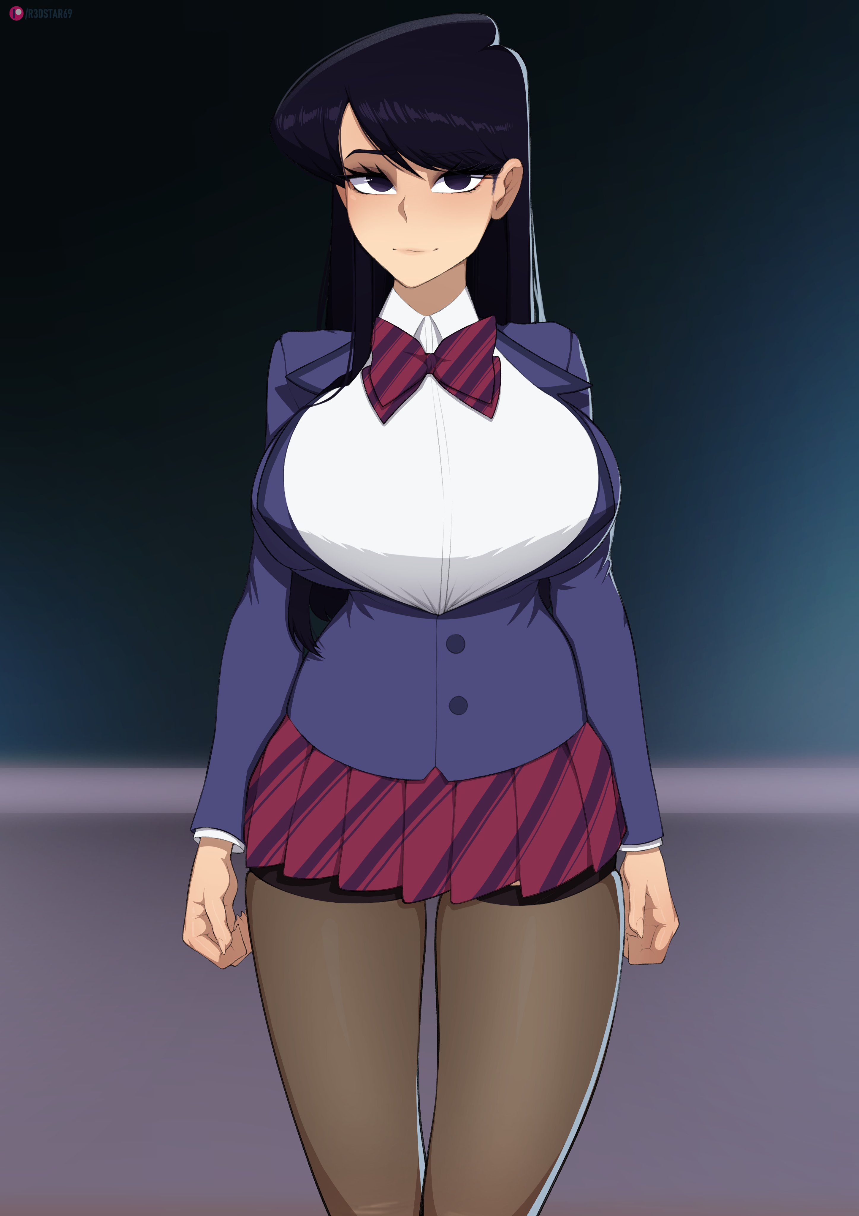 1girls, big breasts, breasts, bursting breasts, female, female focus, female only, huge breasts, komi shouko, komi-san wa komyushou desu, light skin, light-skinned female, long hair, nonude, pale skin, pale-skinned female, purple eyes, r3dstar, school uniform, skirt, solo, solo female, solo focus, tight clothing