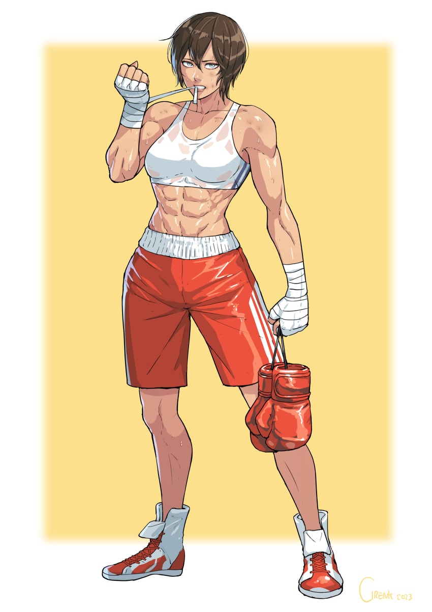 1girls abs biceps boxers boxing_gloves brown_hair cirenk muscular_female not_porn pinup saotome_senshu,_hitakakusu saotome_yae short_hair solo sports_bra sportswear sweat sweatdrop sweating tan-skinned_female tan_skin tomboy