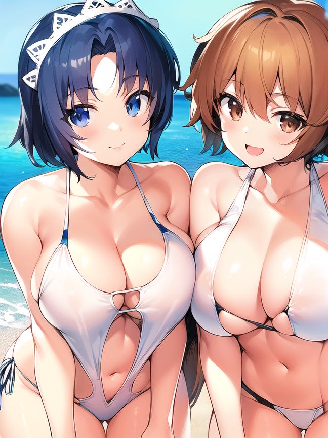 2girls ai_generated beach big_breasts bikini blue_eyes brown_eyes brown_hair chinatsu_(swing_out_sisters) chiyo_(swing_out_sisters) hentai ocean sisters smile smiling smiling_at_viewer sunny_day swing_out_sisters white_bikini