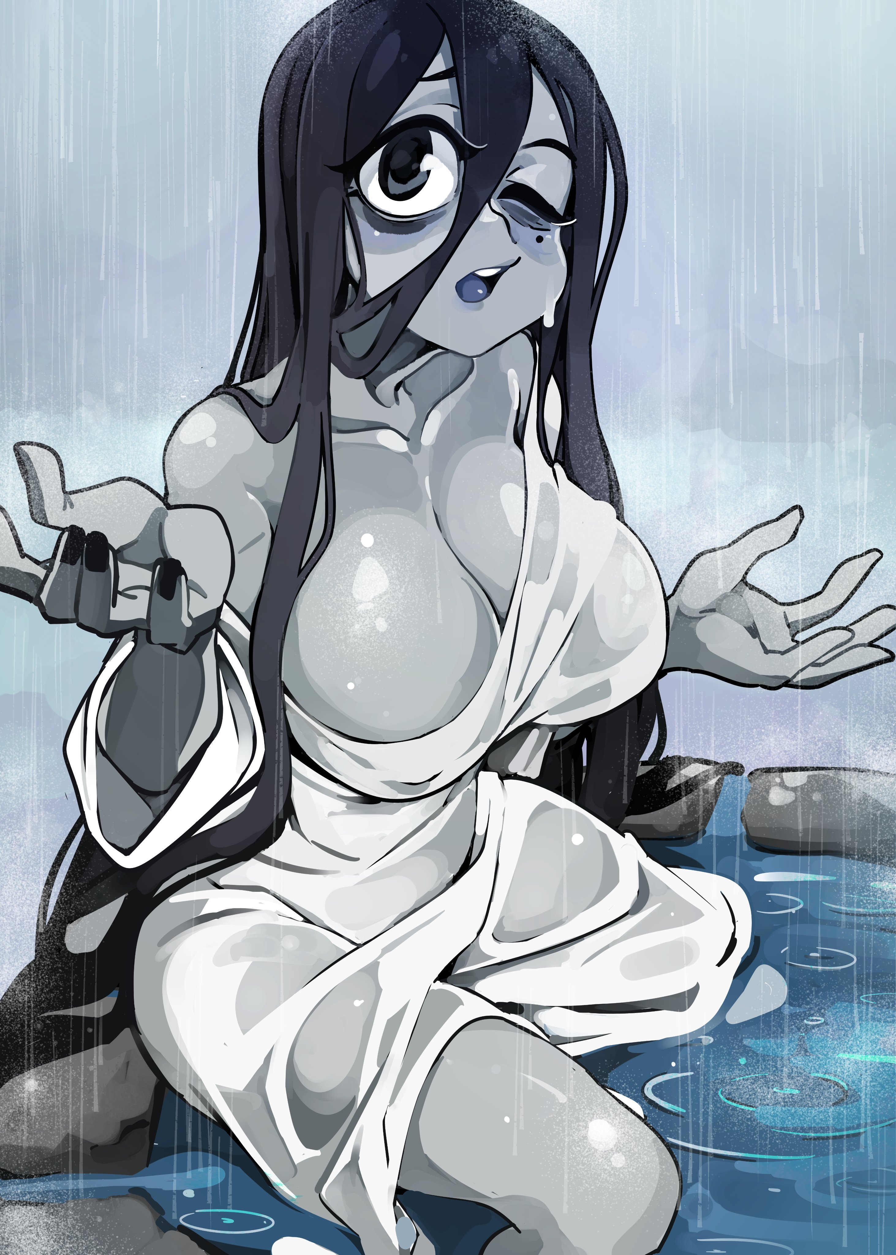 1girls, absurd res, big breasts, black eyes, black hair, bongfillstudent, bongftah, breasts, cleavage, dress, female, female only, ghost girl, in water, legs in water, light skin, light-skinned female, long hair, mole, mole under eye, one eye closed, pale skin, pale-skinned female, raining, sitting, solo, the ring, wet clothes, wet hair, yamamura sadako