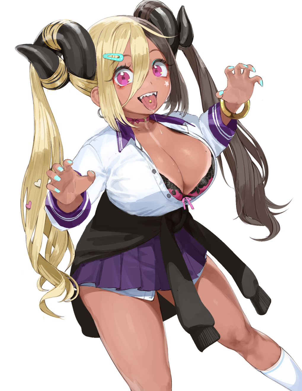 1girls aife_(zanamaoria) big_breasts blonde_hair brown_hair cleavage conto curved_horns demon_horns drooling female female_only gyaru hair_on_horn hairclip hi_res horns long_hair looking_at_viewer open_mouth open_shirt pink_eyes pose request school_uniform sharp_teeth smiling smiling_at_viewer solo succubus tan_skin tanline tongue_out tongue_piercing twintails two_tone_hair upper_teeth white_background