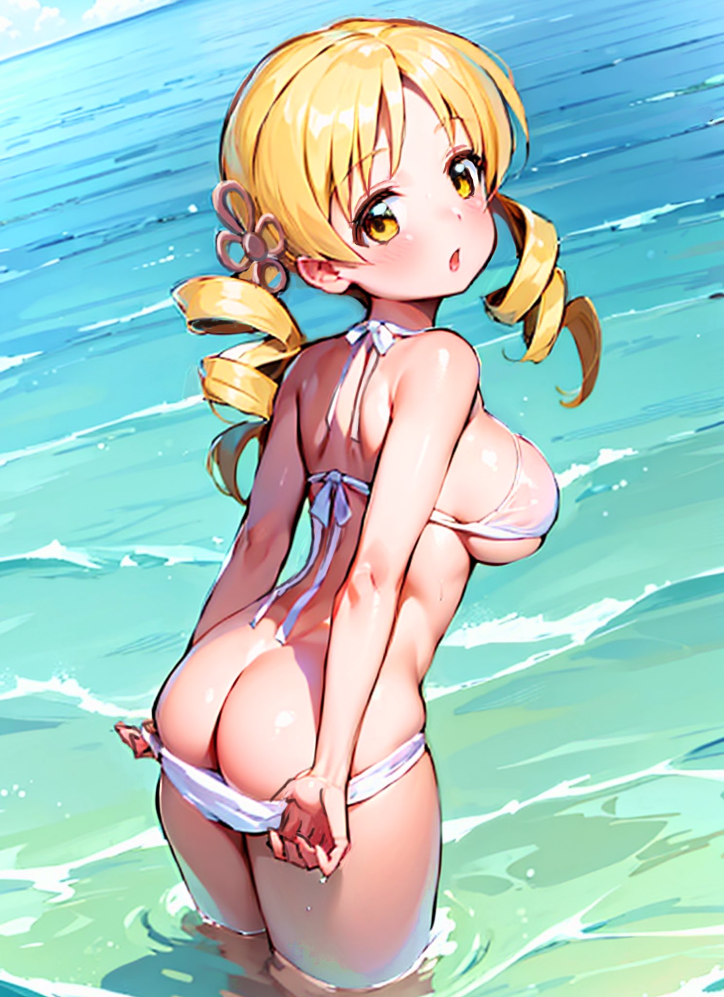 1girls, absurd res, absurdres, ai generated, artist request, ass, beach, big ass, big breasts, big butt, bikini, bikini pull, blush, breasts, cute, drill hair, female, female focus, female only, hair ornament, high resolution, highres, human, human only, in water, light skin, light-skinned female, looking at viewer, looking back, magical girl, mahou shoujo madoka magica, ocean, open mouth, outdoors, outside, pulled by self, pulling, solo, solo female, solo focus, thick ass, thick thighs, tomoe mami, twin drills, twintails, wet, wet clothes, yellow eyes, yellow hair, young