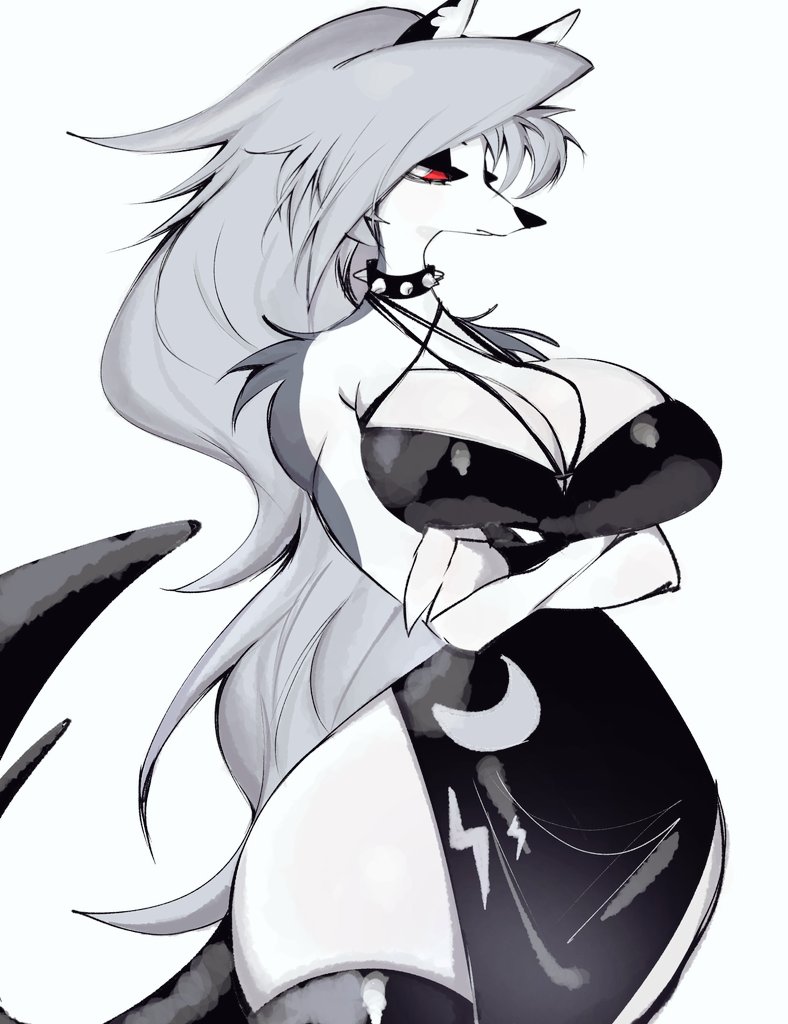 1girls, big breasts, breasts, cleavage, crossed arms, eyeshadow, female, female only, fluffy tail, grey hair, helluva boss, large breasts, looking at viewer, loona (helluva boss), red eyes, solo, solo female, solo focus, spiked collar, tail, thick thighs, thighs, usa37107692, vivienne medrano, white body, white fur, white skin, wide hips, wolf, wolf ears, wolf tail
