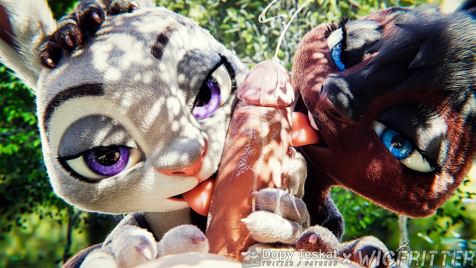 1boy, 2girls, 3d, 3d (artwork), anthro, athletic, athletic female, big penis, blue eyes, cum, disney, dopyteskat, fellatio, female, furry, grey body, grey fur, human, human on anthro, human penetrating, judy hopps, licking penis, light skin, light-skinned male, lucy leaps (doxy), male, multicolored body, multicolored fur, original, penis, pov, purple eyes, saliva, smaller female, trio, zootopia