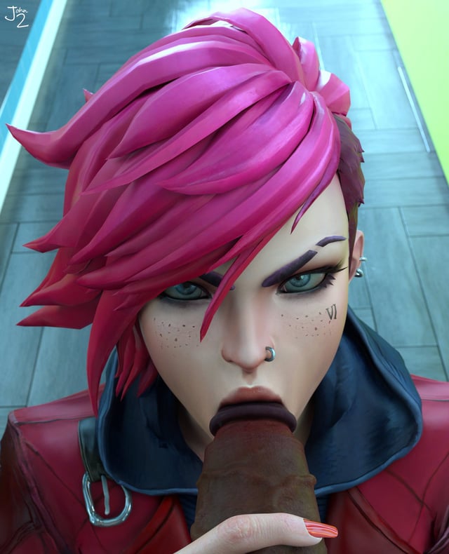 3d arcane arcane_vi black_penis blowjob dark-skinned_male eye_shadow freckles interracial jacket johntwo league_of_legends oral oral_sex orientation_play penis pierced_ears pierced_nose pink_hair pov red_nails riot_games tattoo text_tattoo vi