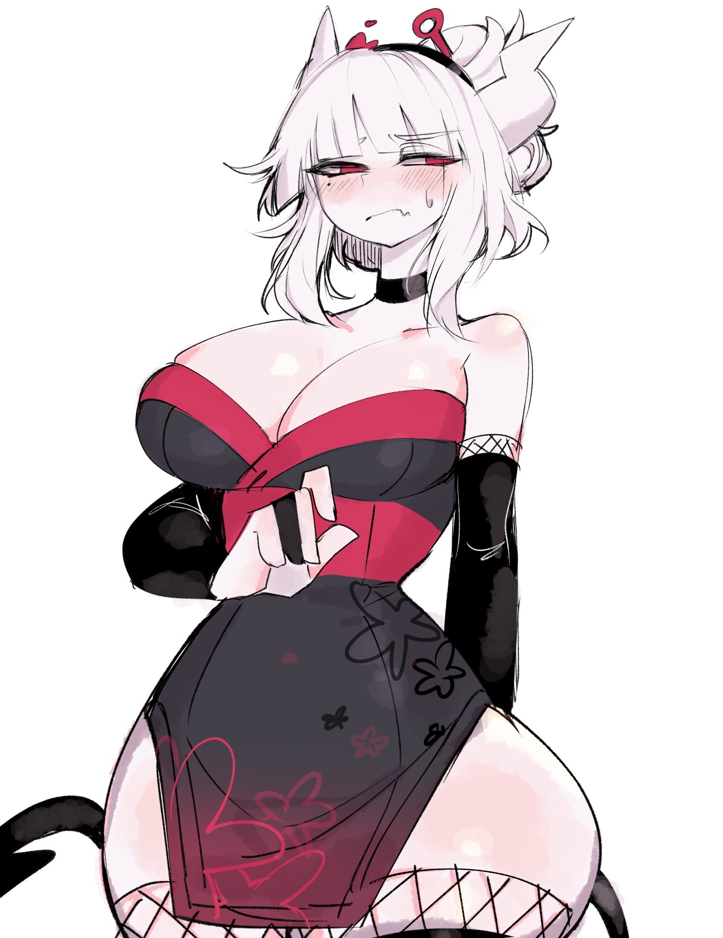 1girls, big breasts, blush, breasts, choker, cleavage, eyebrows, eyebrows visible through hair, female, female only, fishnet thighhighs, fishnets, helltaker, horns, large breasts, light skin, light-skinned female, looking at viewer, lucifer (helltaker), red eyes, solo, solo female, solo focus, thick thighs, thighhighs, thighs, usa37107692, white hair, wide hips
