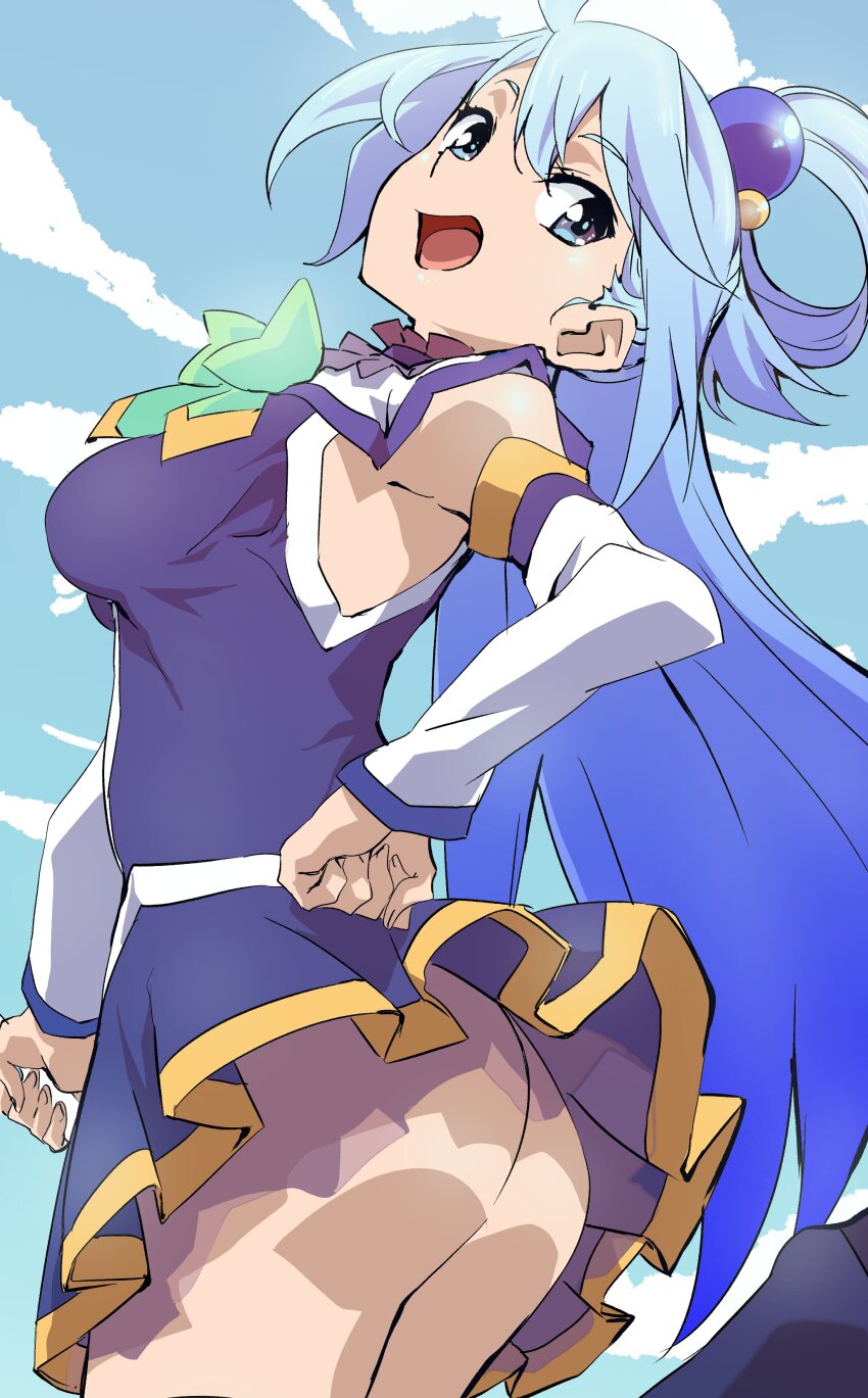 aqua (konosuba), artist request, ass, bare shoulders, blue eyes, blue hair, blue sky, breasts, day, female, female focus, kono subarashii sekai ni shukufuku wo!, large breasts, long blue hair, long hair, looking at viewer, looking back, no panties, open mouth, outdoors, skirt, sky, solo, standing, thighs, tongue