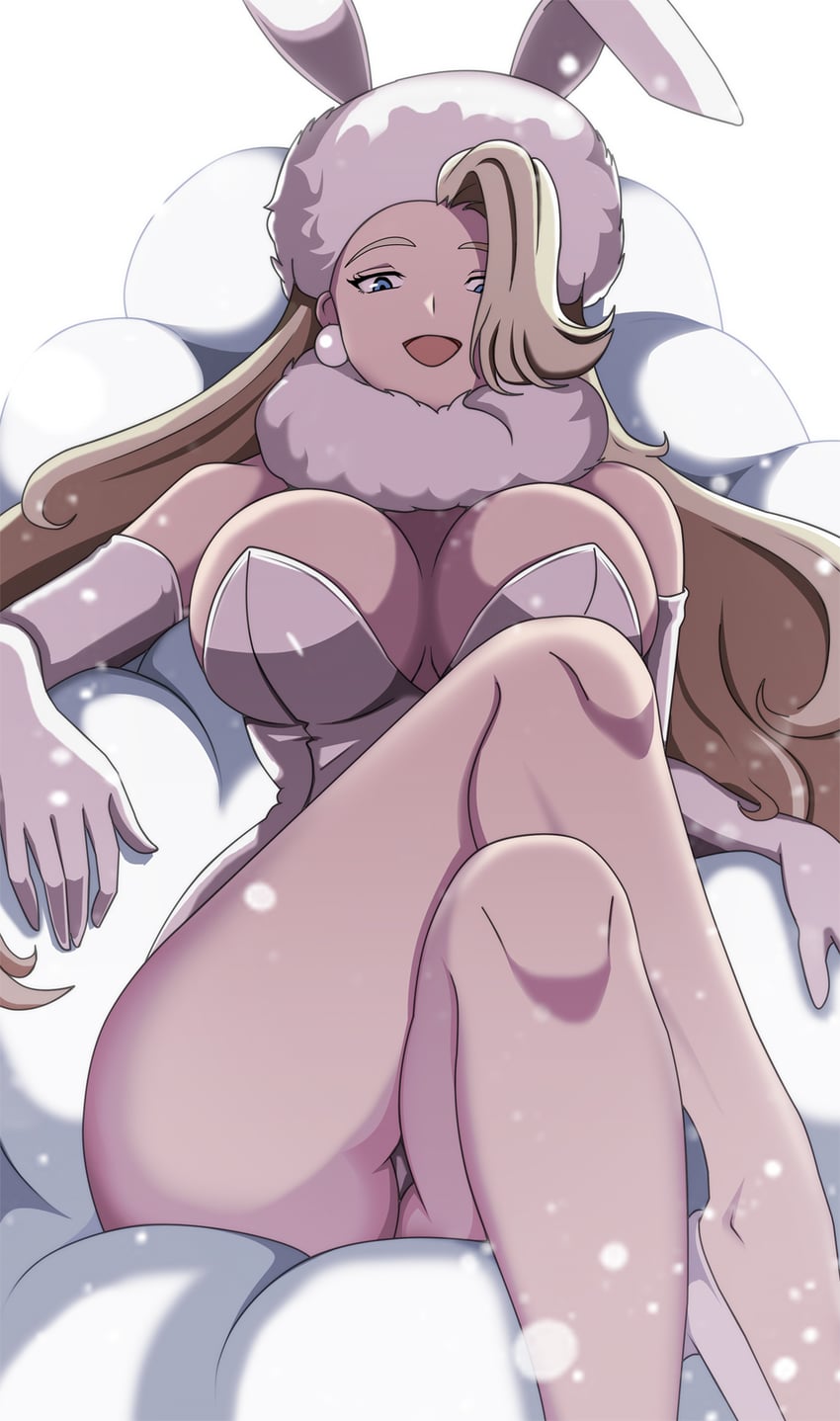 1girls animal_ears big_breasts blue_eyes breasts bunny_ears cleavage closed_legs gloves legs leotard light-skinned_female long_hair mature_female melony_(pokemon) open_mouth pokemon pokemon_ss scarf sitting snowing solo thighs very_long_hair vivivoovoo white_leotard winter_hat