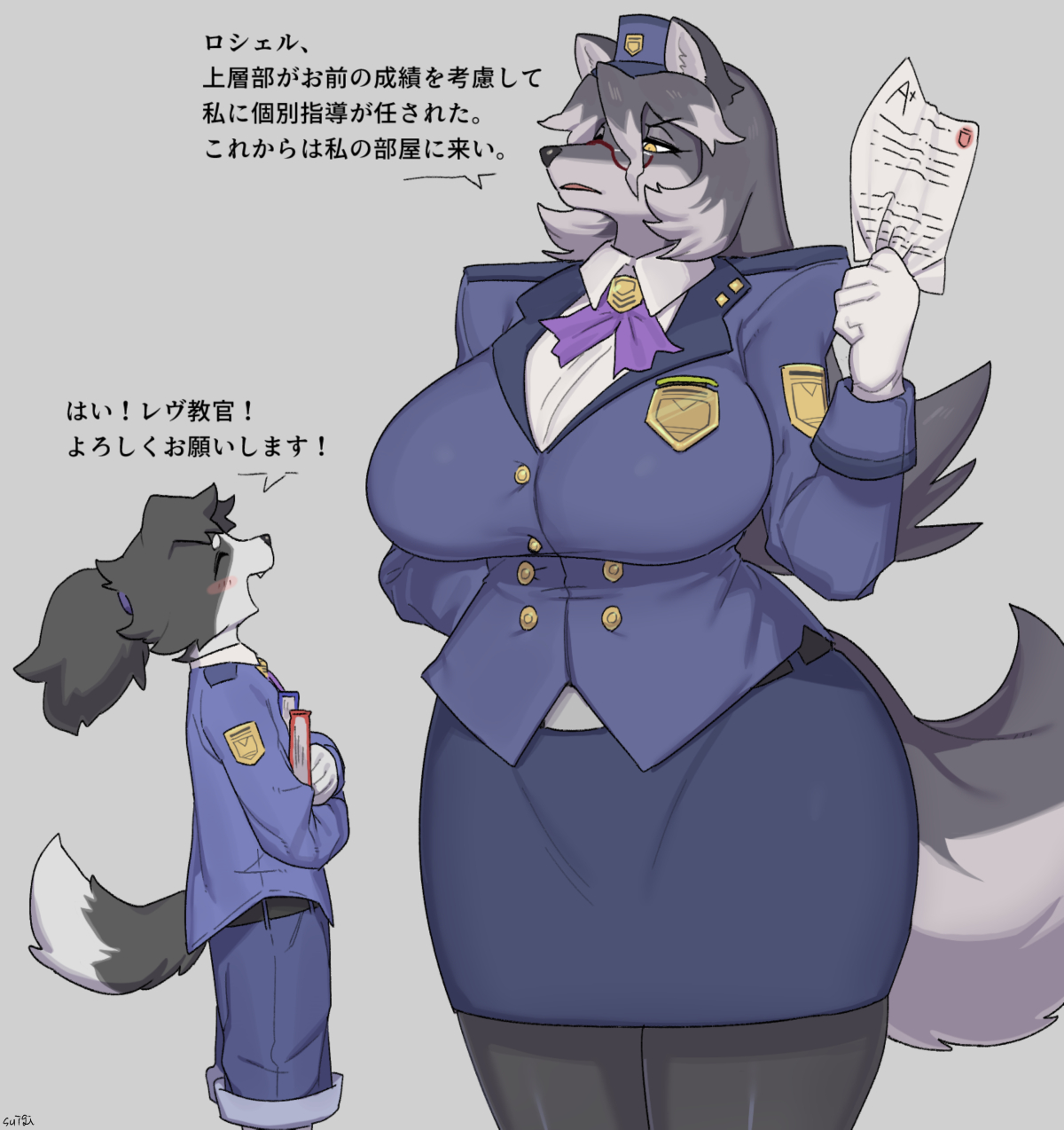 1boy, 1girls, a+, big breasts, blush, breasts, buttons, clothed, clothing, ear, fangs, female, fur, glasses, hair, hat, japanese text, male, mouth, nose, open mouth, paper, police, suigi, sususuigi, tail, translation request, watermark