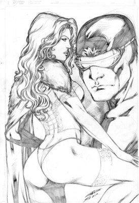 ass ass_focus black_and_white cape carlos_silva corset cyclops_(x-men) dat_ass ed_benes_studio elbow_gloves emma_frost hellfire_club line_art lingerie male marvel marvel_comics panties scott_summers thick_thighs thighhighs thong thong_panties white_queen x-men