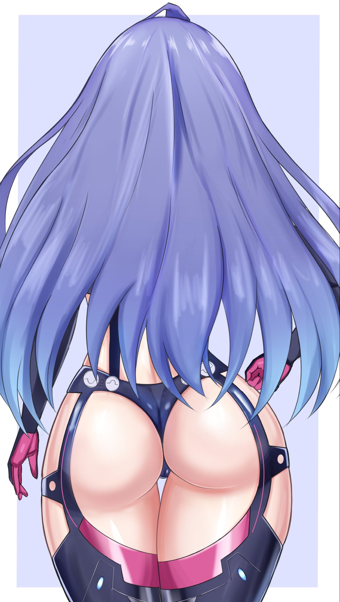 ass ass_focus elbow_gloves from_behind goddess iris_heart light-skinned_female long_hair neptunia_(series) plutia purple_hair solo stiris_rangetsu straight_hair thick_thighs thighhighs