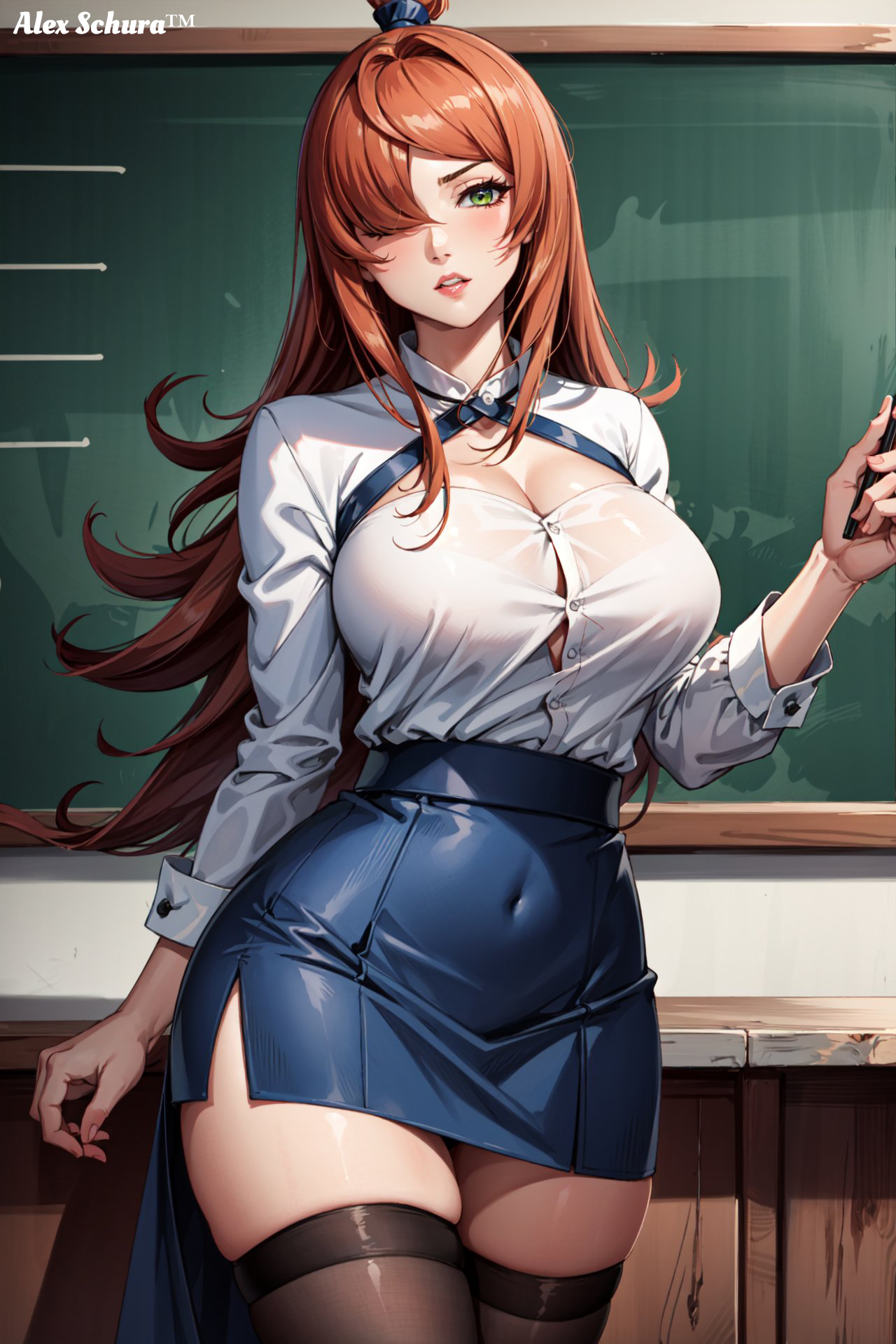 1girls, adapted costume, ai generated, alex-schura, alternate costume, auburn hair, big breasts, blue skirt, breasts, brown hair, bursting breasts, button gap, classroom, cleavage, cleavage cutout, curvaceous, deep cleavage, female, full cleavage, green eyes, hair over one eye, huge breasts, indoors, lipstick, looking at viewer, makeup, mei terumi, nai diffusion, naruto, naruto (series), naruto shippuden, no bra, oppai, parted lips, pencil skirt, pinup, revealing clothes, shirt, side slit, skirt, stable diffusion, stockings, teacher, terumi mei, thick thighs, thighhighs, tight clothing, very long hair, voluptuous, white shirt