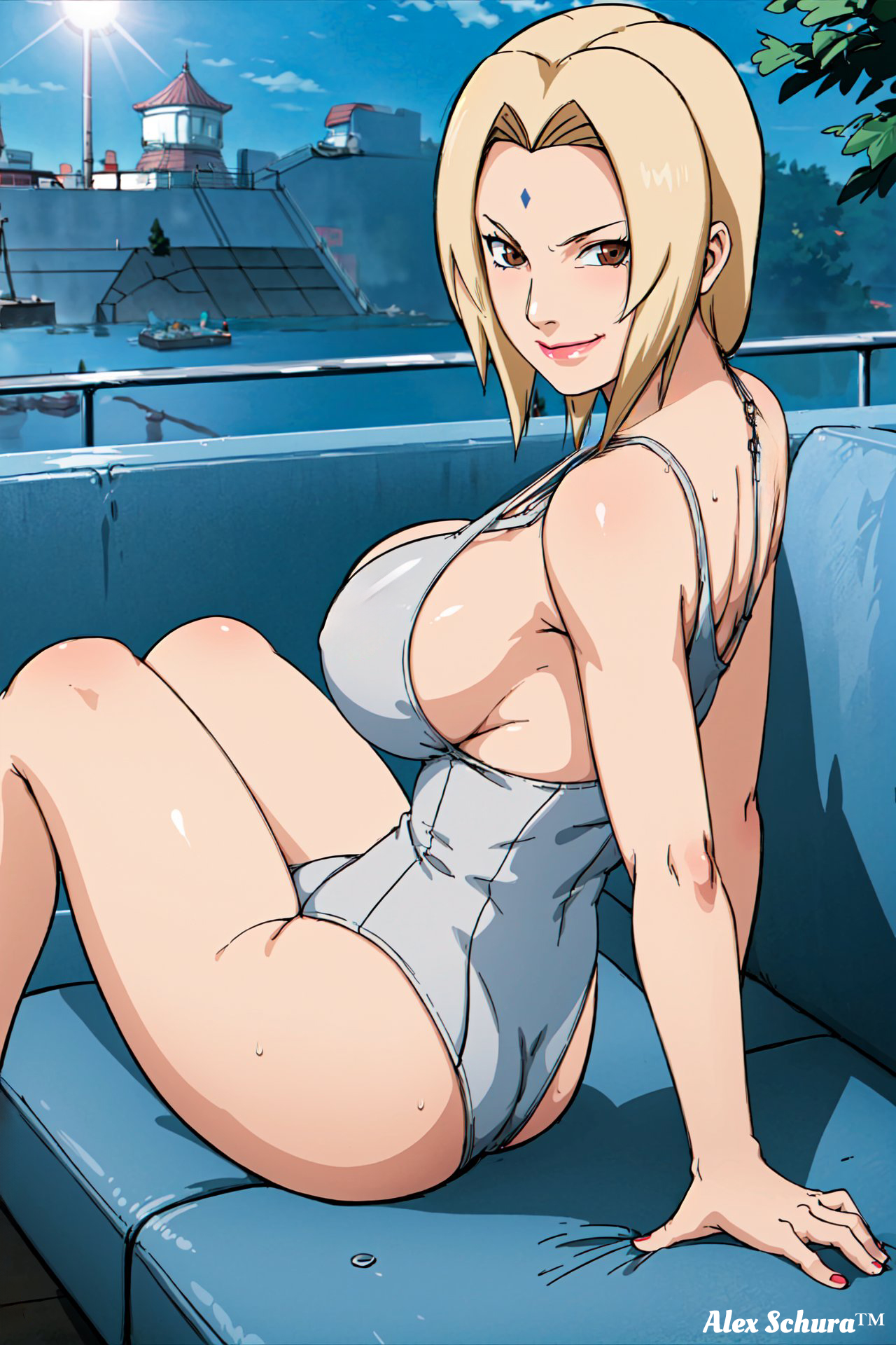 1girls, ai generated, alex-schura, arm support, big breasts, blush, breasts, brown eyes, female, female only, from behind, huge breasts, legs together, looking at viewer, looking back, looking back at viewer, mature, mature female, naruto, naruto (series), naruto shippuden, naughty face, one-piece swimsuit, sitting, smile, smirk, solo, solo focus, stable diffusion, swimsuit, tsunade
