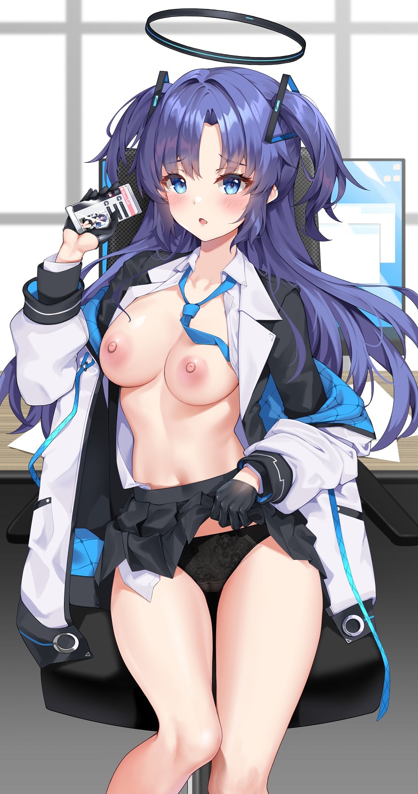 black_gloves black_panties black_skirt blue_archive blue_eyes blue_necktie blush breasts cellphone cleavage collared_shirt feet_out_of_frame female female_only gloves halo highres holding holding_phone indoors jacket light-skinned_female light_skin long_hair long_sleeves looking_at_viewer matrix16 mechanical_halo medium_breasts millennium_science_school_student necktie nipples open_mouth panties partially_clothed phone pleated_skirt purple_hair seminar_(blue_archive) shirt skirt skirt_lift smartphone solo solo_female thick_thighs thighs two-sided_fabric two-sided_jacket two_side_up underwear white_jacket white_shirt yuuka_(blue_archive)