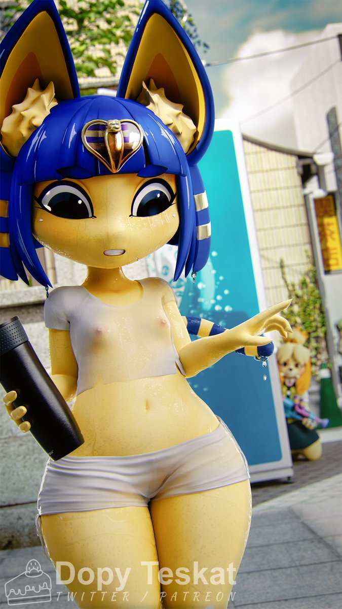 2girls 3d 3d_(artwork) 3d_model animal_crossing animal_crossing_new_leaf animal_ear_fluff ankha ankha_(animal_crossing) ankha_(zy0n7) anthro bangs belly_button black_eyes blue_hair cat clothing dopyteskat doubutsu_no_mori eyebrows_visible_through_hair female female_only flat_chest highwizard isabelle_(animal_crossing) isabelle_(highwizard) nairu_(doubutsu_no_mori) nintendo short_hair shorts thick_thighs watermark wet wet_clothes yellow_body yellow_fur zy0n7