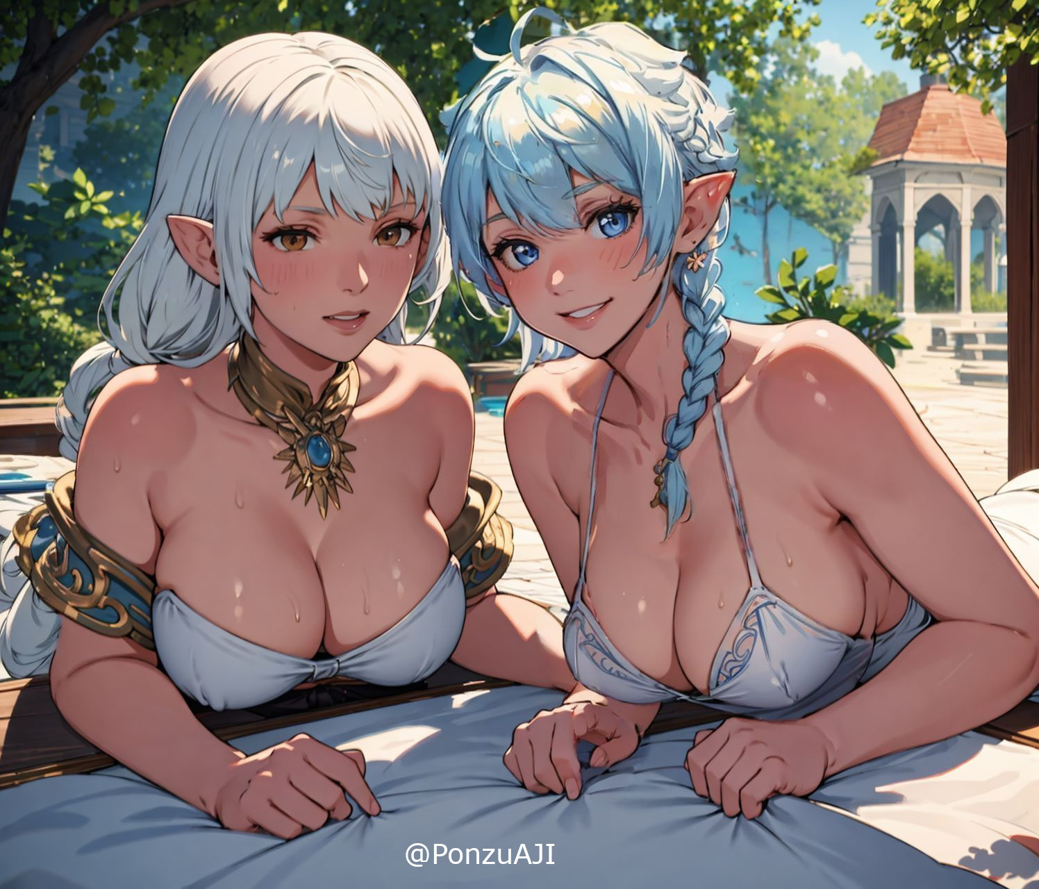 2023, 2girls, ai generated, ai hands, alisaie leveilleur, ameliance leveilleur, anime nose, blue eyes, blushing at viewer, braid, braided hair, braided ponytail, breasts, breasts bigger than head, brown eyes, cleavage, clothed female, curvaceous, curvy body, curvy female, earrings, elf, elf female, female, female focus, female only, final fantasy xiv, huge breasts, looking at viewer, mother and daughter, necklace, park, pointy ears, ponzuaji, smile, smiling at viewer, square enix, stable diffusion, voluptuous, voluptuous female, white dress