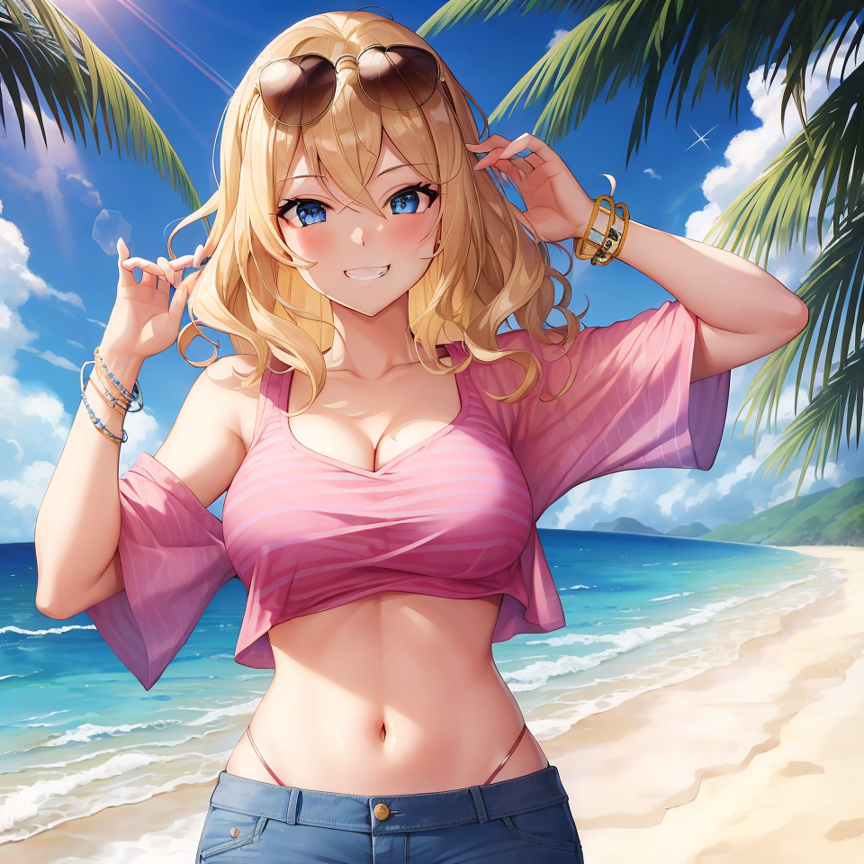 ai_generated beach big_breasts bimbo blonde_hair blue_eyes blush crop_top dumb_girl eyewear_on_head grin hippie jean_shorts lucy_solana_(oc) ocean pink_shirt sand sunglasses sunglasses_on_head unstable_diffusion water wavy_hair