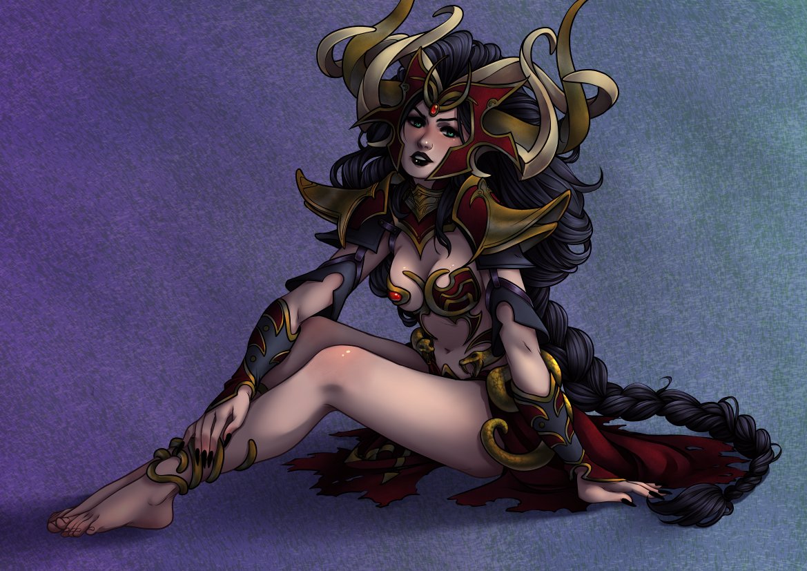 1girls barefoot bikini_armor black_hair black_lipstick braid braided_hair dark_elf druchii fantasy feet female female_only green_eyes headgear long_hair looking_at_viewer mascara mercedes_sweazy morathi simple_background sitting solo solo_female warhammer_(franchise) warhammer_fantasy