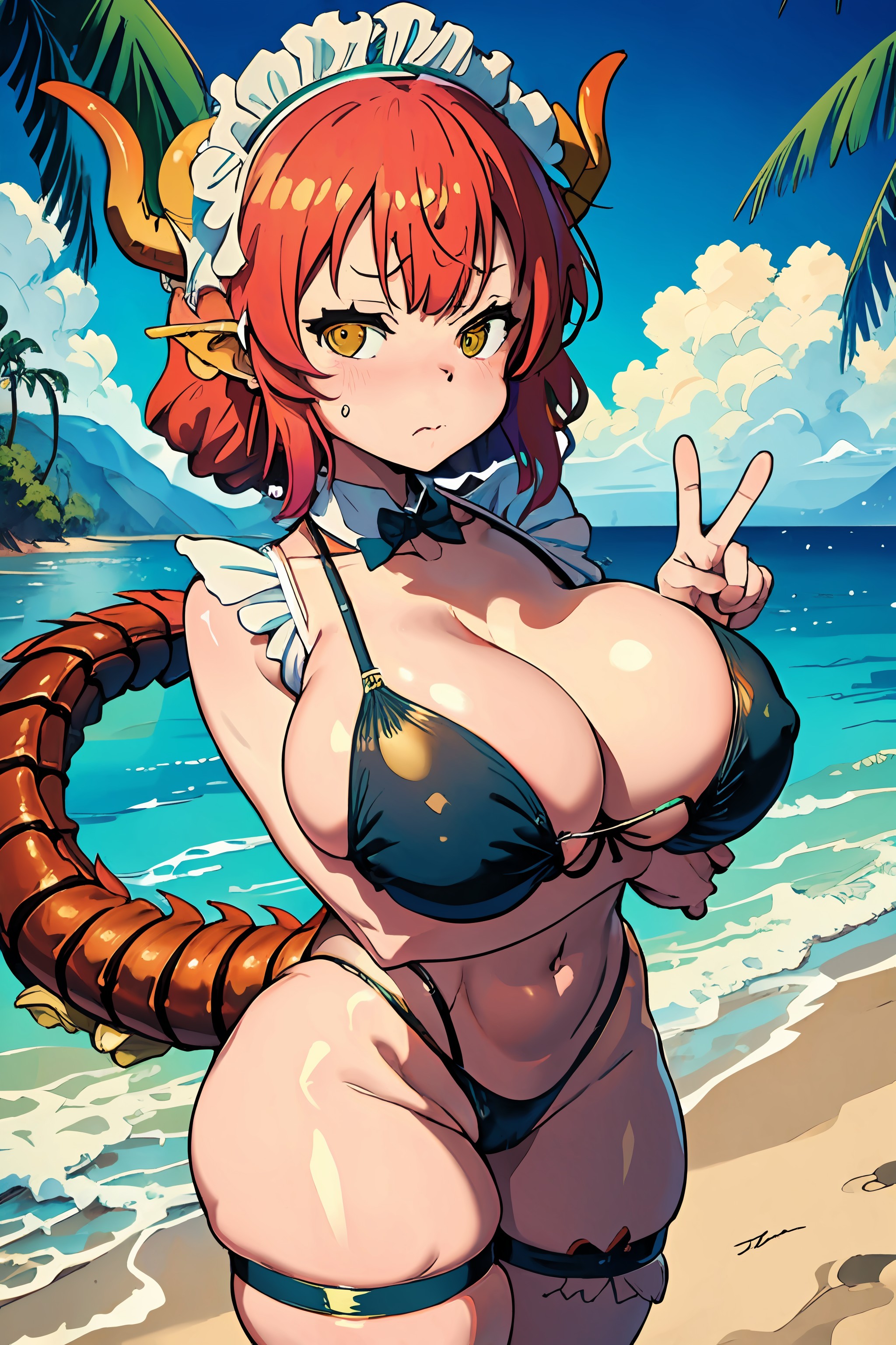 1girls, ai generated, arm under breasts, ass, bangs, beach, big ass, bikini, bikini bottom, bikini top, black bikini, breasts, cleavage, curvy, curvy body, curvy female, curvy figure, cute face, female, female only, horns, huge breasts, ilulu (dragon maid), kobayashi-san chi no maidragon, maid, maid headdress, miss kobayashi's dragon maid, navel, peace sign, pink hair, shiny, shiny clothes, shiny hair, shiny skin, skinny, solo, tail, thick thighs, thigh strap, voluptuous, voluptuous female