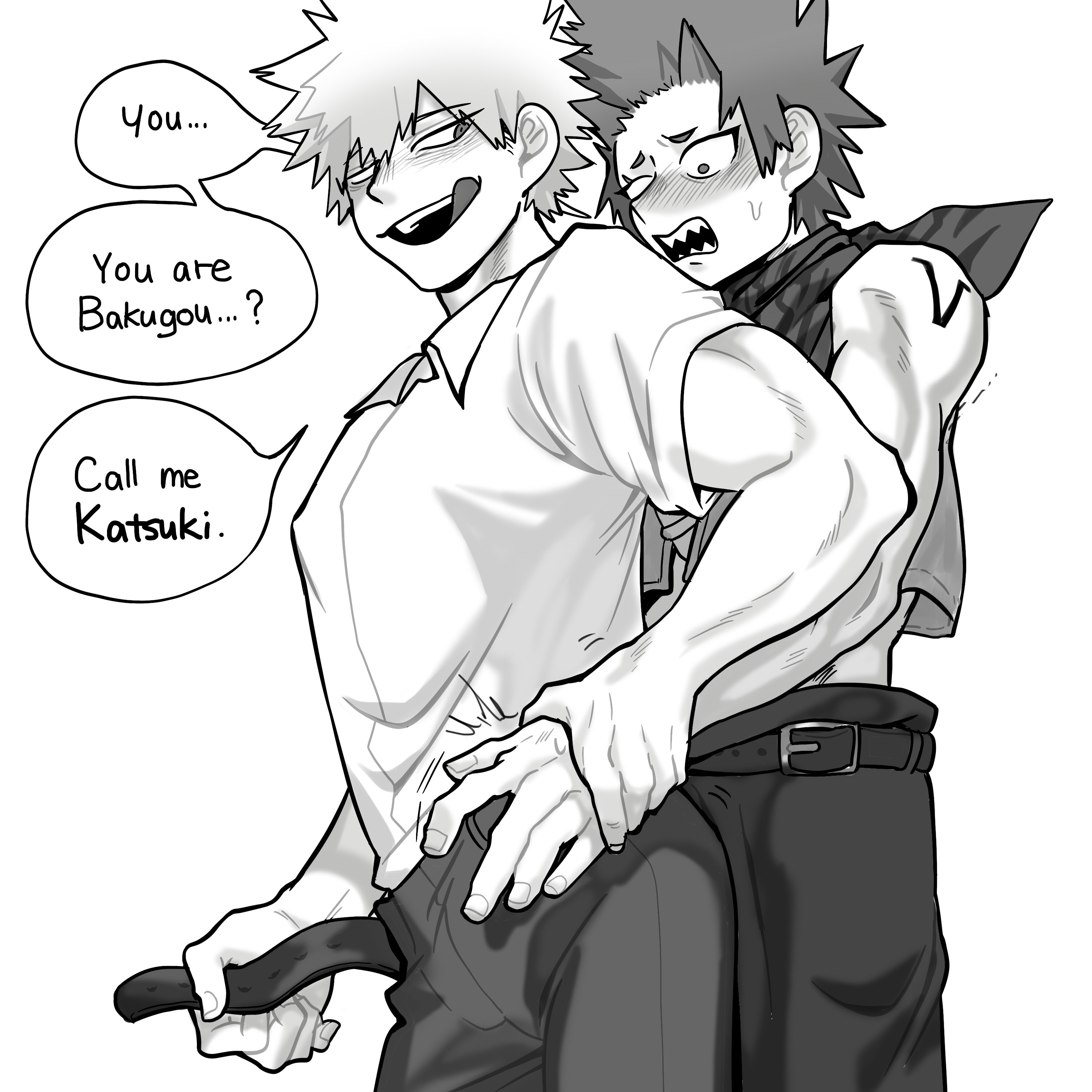 2019, 2boys, belt, blush, clothed, dialogue, duo, eijirou kirishima, english text, fully clothed, gay, grinding, half-human, katsuki bakugou, liandoodle, licking, licking lips, licking own lips, male, male only, male/male, my hero academia, narrowed eyes, no sex, no visible genitalia, open mouth, open smile, pants, seductive, seductive smile, sharp teeth, smile, sweat, tease, teasing, teeth, text, tongue, tongue out, yaoi