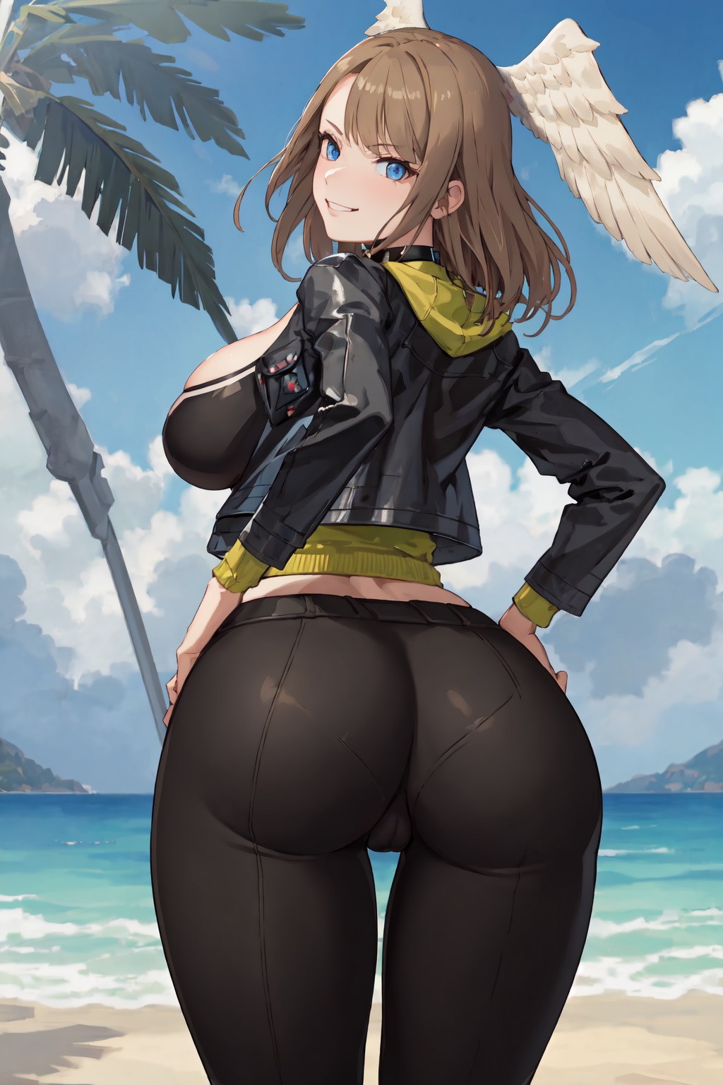 1girls, ai generated, ass, ass focus, big ass, big breasts, big butt, blue eyes, breasts, brown hair, busty, butt focus, confident, eunie (xenoblade), fat ass, female, from behind, grin, hands on hips, head wings, jacket, large breasts, looking at viewer, looking back, medium hair, pants, pose, posing, sensual, shiny, shiny clothes, shiny hair, sideboob, smile, solo, tight pants, wings, xenoblade chronicles 3