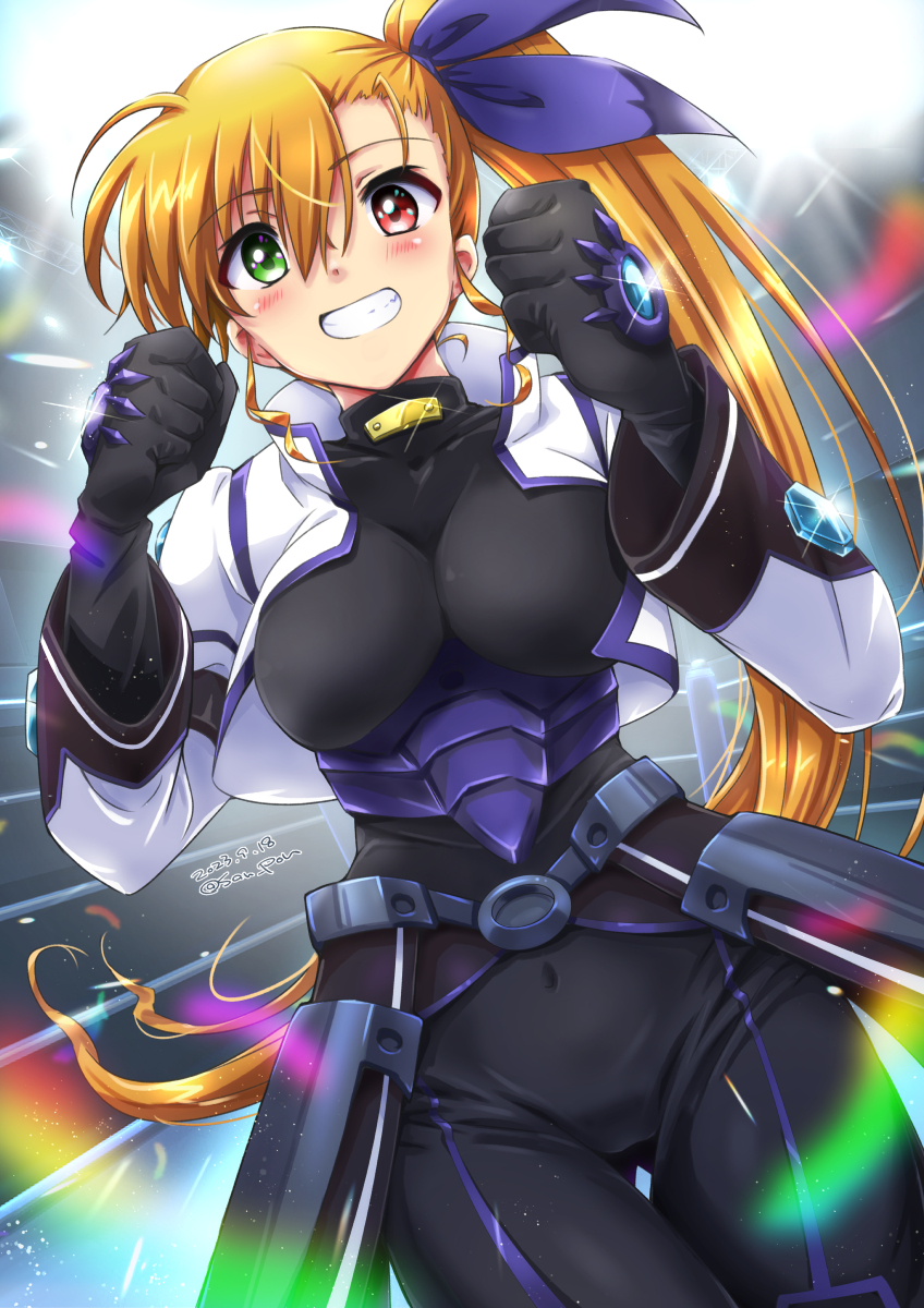 artist_name blonde_hair blush bodysuit breasts covered_navel dated female grin hair_ribbon heterochromia large_breasts long_hair lyrical_nanoha mahou_shoujo_lyrical_nanoha_strikers mahou_shoujo_lyrical_nanoha_vivid ponytail san-pon solo vivio