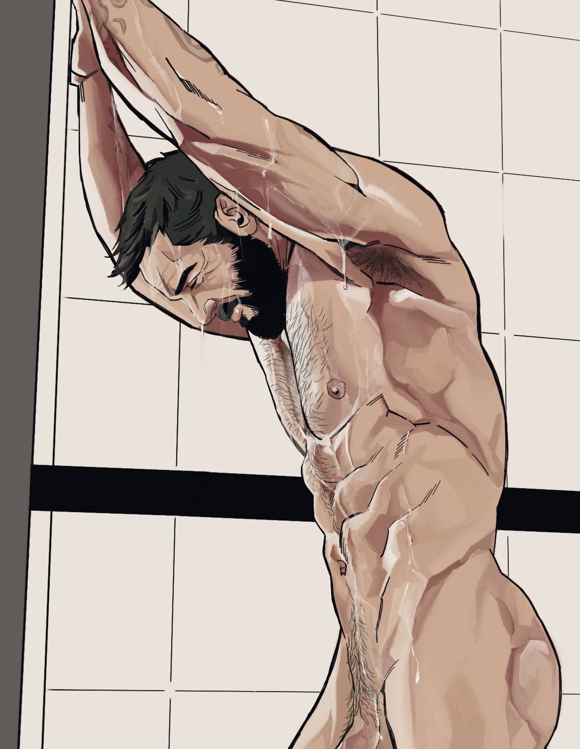 1boy, bonjourdraws, call of duty, dilf, erection, frank woods, happy trail, male, male only, no visible genitalia, older male, penis, penis peek, pinup, pubic hair peek, shower, solo male, water