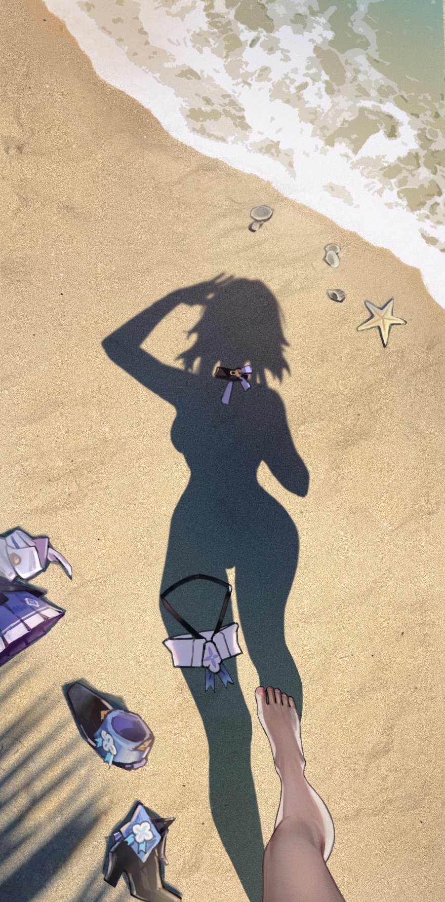 1girls barefoot beach beach_shadow_trend clothing clothing_removed dressed_shadow_(meme) feet female honkai:_star_rail honkai_(series) implied_nudity march_7th_(honkai:_star_rail) myth1c myth1carts removed_clothing scattered_clothing shadow tagme tease