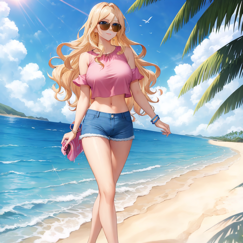 ai_generated beach big_breasts bimbo blonde_hair blue_eyes blush crop_top dumb_girl grin hippie jean_shorts long_legs lucy_solana_(oc) ocean pink_shirt sand slender_legs sunglasses unstable_diffusion water wavy_hair