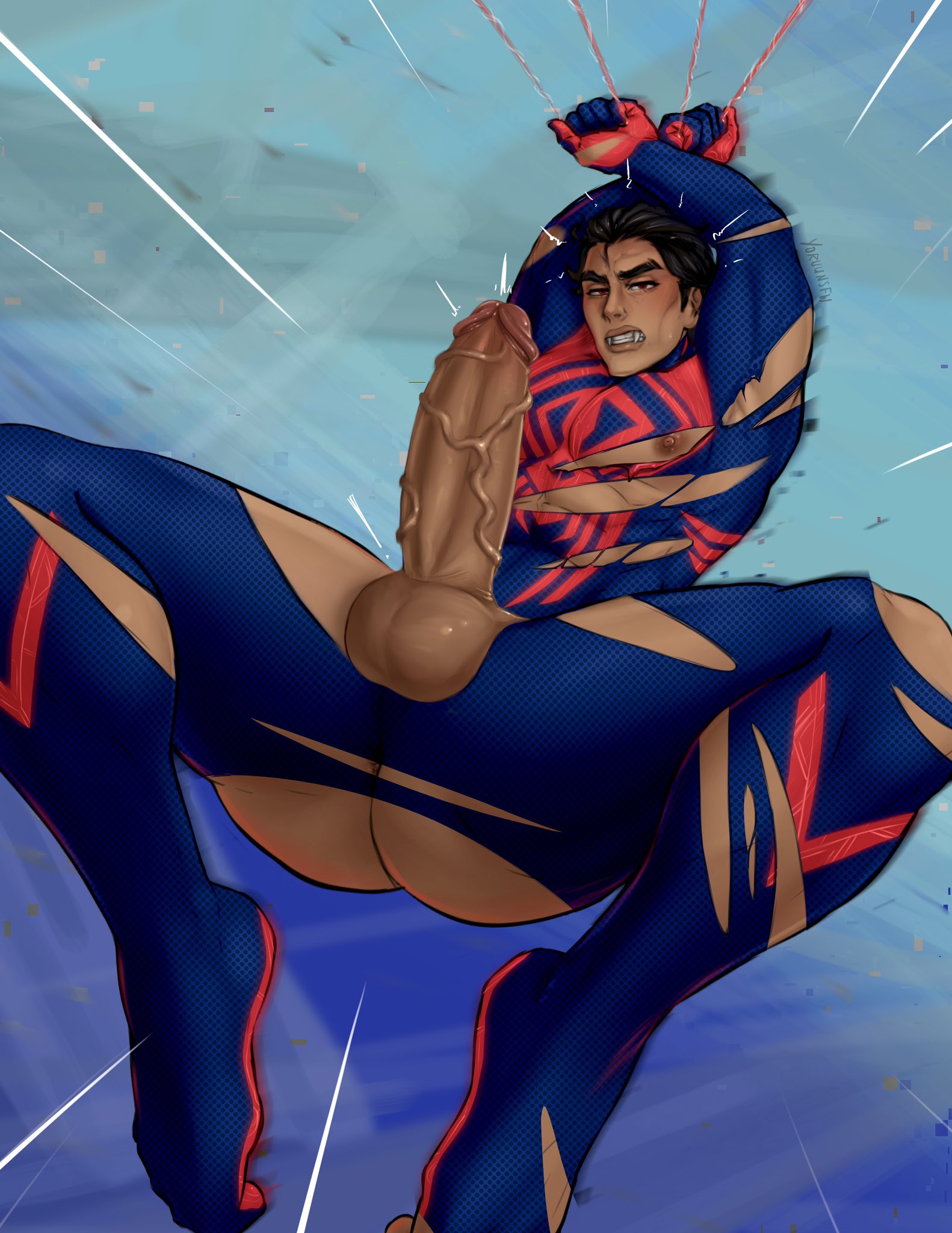 1boy, ass, asshole, asshole visible through clothes, balls, bara, big balls, big penis, big thighs, boner, brown hair, dark skin, dark-skinned male, erect penis, erection, fangs, foreskin, fully retracted foreskin, gay, hands above head, hands behind head, hard cock, hard on, hispanic, hispanic male, huge balls, huge cock, latino, latino male, looking at viewer, male, male focus, male only, marvel, marvel comics, miguel o'hara, muscles, muscular, muscular male, nipple slip, nipples, nipples visible through clothing, no pubic hair, older male, penis, penis out, penis out of underwear, penis through hole, red eyes, retracted foreskin, ripped bodysuit, ripped clothing, ripped pants, shaved balls, shaved pubes, solo, solo male, spider-man (series), spider-man: across the spider-verse, superhero, superhero costume, uncircumcised, veins, veins on dick, veiny penis, yaoi, yoruunsfw