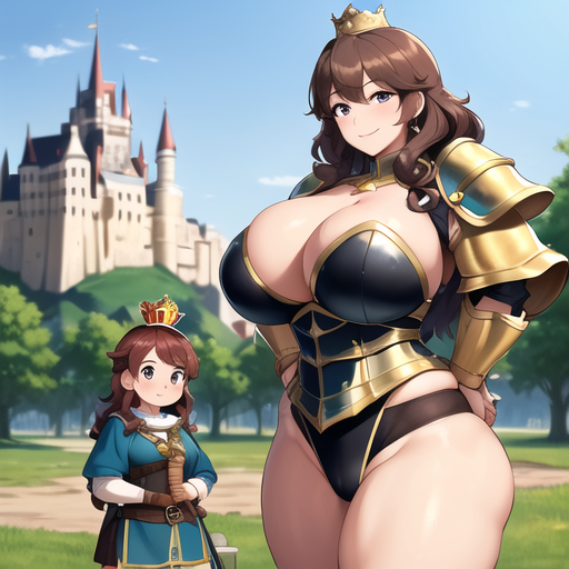 2girls ai_generated brown_hair brown_hair_female busty cute dwarf dwarf_female dwarf_princess_alisa dwarf_queen_hezzel huge_breasts large_breasts massive_breasts mother_and_daughter nemus_waifu_generator outdoors pooplool queen royal_dwarves royalty tagme thick_female thick_thighs