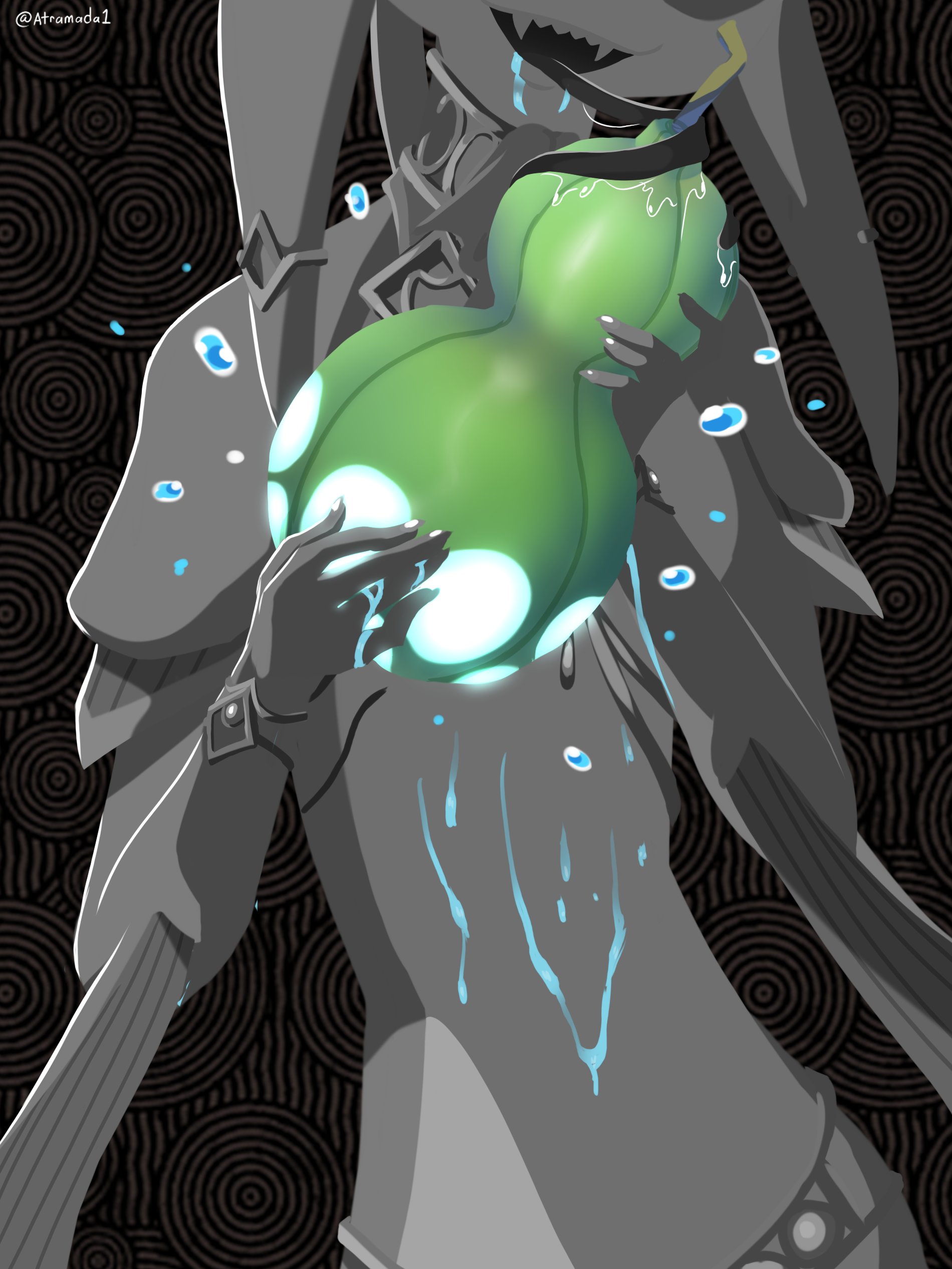 1girls, atramada1, black background, breasts, completely nude, covering, covering breasts, drooling, female, female only, flat chest, food, fruit, glowing, greyscale, holding, juice, liquid, long tongue, monochrome, monster girl, nintendo, nude, nude female, open mouth, saliva, saliva trail, seductive, small breasts, smile, solo, suggestive, suggestive fluid, tears of the kingdom, the legend of zelda, tongue, tongue out, tongue wrap, upper body, water, yona (zelda), zora