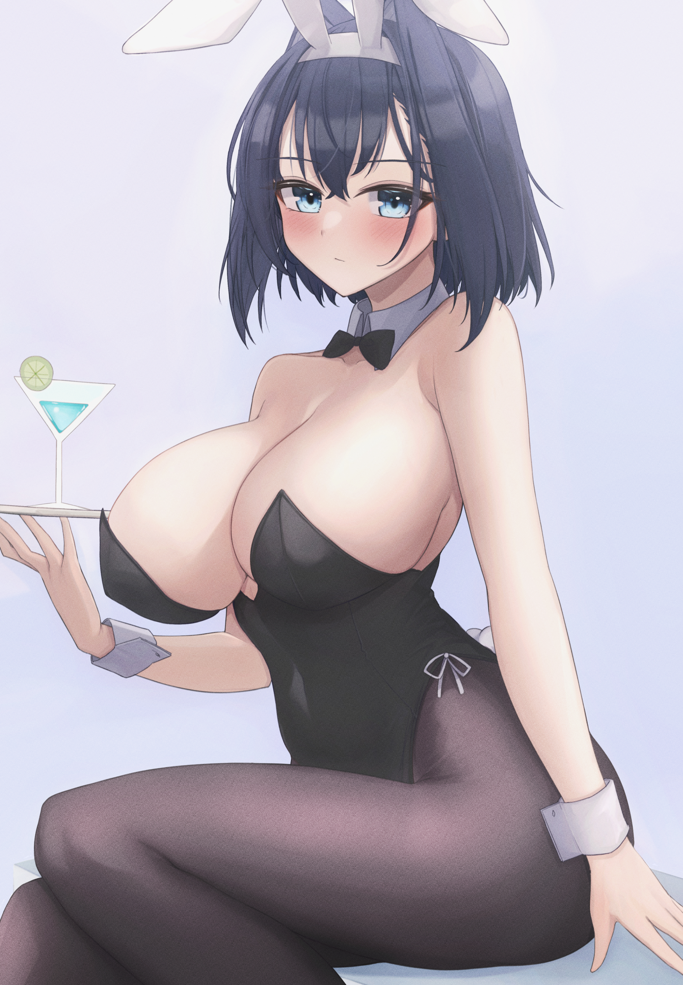 absurdres, animal ears, black collar, black leotard, black pantyhose, blue eyes, blue hair, breasts, bush, cleavage, collar, detached collar, fake animal ears, fake tail, female, highres, holding, holding tray, hololive, hololive english, hololive english -council-, hololive english -promise-, large breasts, leotard, looking at viewer, medium hair, mofu07519, ouro kronii, pantyhose, playboy bunny, rabbit ears, rabbit tail, solo, tail, tray, virtual youtuber, white wrist cuffs, wrist cuffs