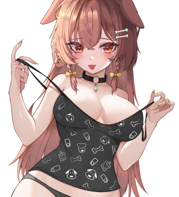 animal_ears animal_print bare_shoulders black_camisole black_panties blush bone_hair_ornament bone_print bow braid breasts brown_eyes brown_hair camisole choker collarbone commentary dog_ears dog_girl dog_print female hair_between_eyes hair_ornament hairbow hands_up hololive hololive_gamers hololive_japan inugami_korone inugami_korone_(4th_costume) kkato large_breasts long_hair looking_at_viewer low_twin_braids nail_polish no_bra no_pants o-ring o-ring_choker panties print_camisole pulled_by_self short_braid simple_background smile solo strap_pull twin_braids underwear virtual_youtuber yellow_bow yellow_nails