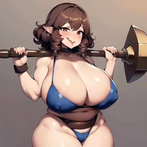 1girls ai_generated blue_bikini brown_hair brown_hair_female busty cute dwarf dwarf_female dwarf_princess_nadia huge_breasts large_breasts massive_breasts nemus_waifu_generator pooplool princess royal_dwarves simple_background sole_female solo tagme thick_female thick_thighs