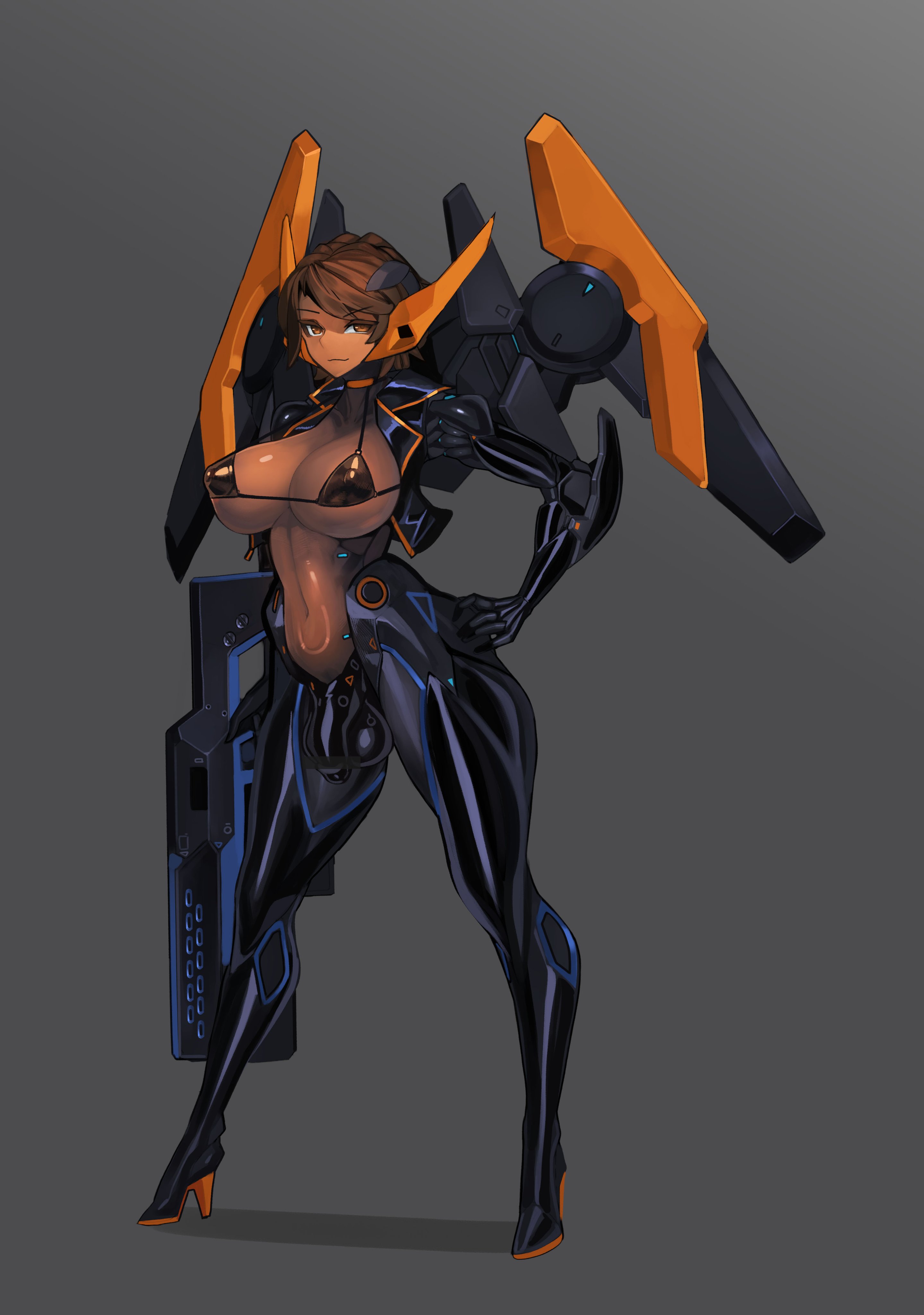 1futa, armor, balls, big balls, big breasts, big penis, bikini, breasts, clothed, clothing, cyborg, dickgirl, female, flaccid, futa only, futanari, gun, huge breasts, humanoid, humanoid penis, intersex, mostly nude, omega processor (artist), penis, platinum1945, robot girl, solo, standing, testicles, weapon