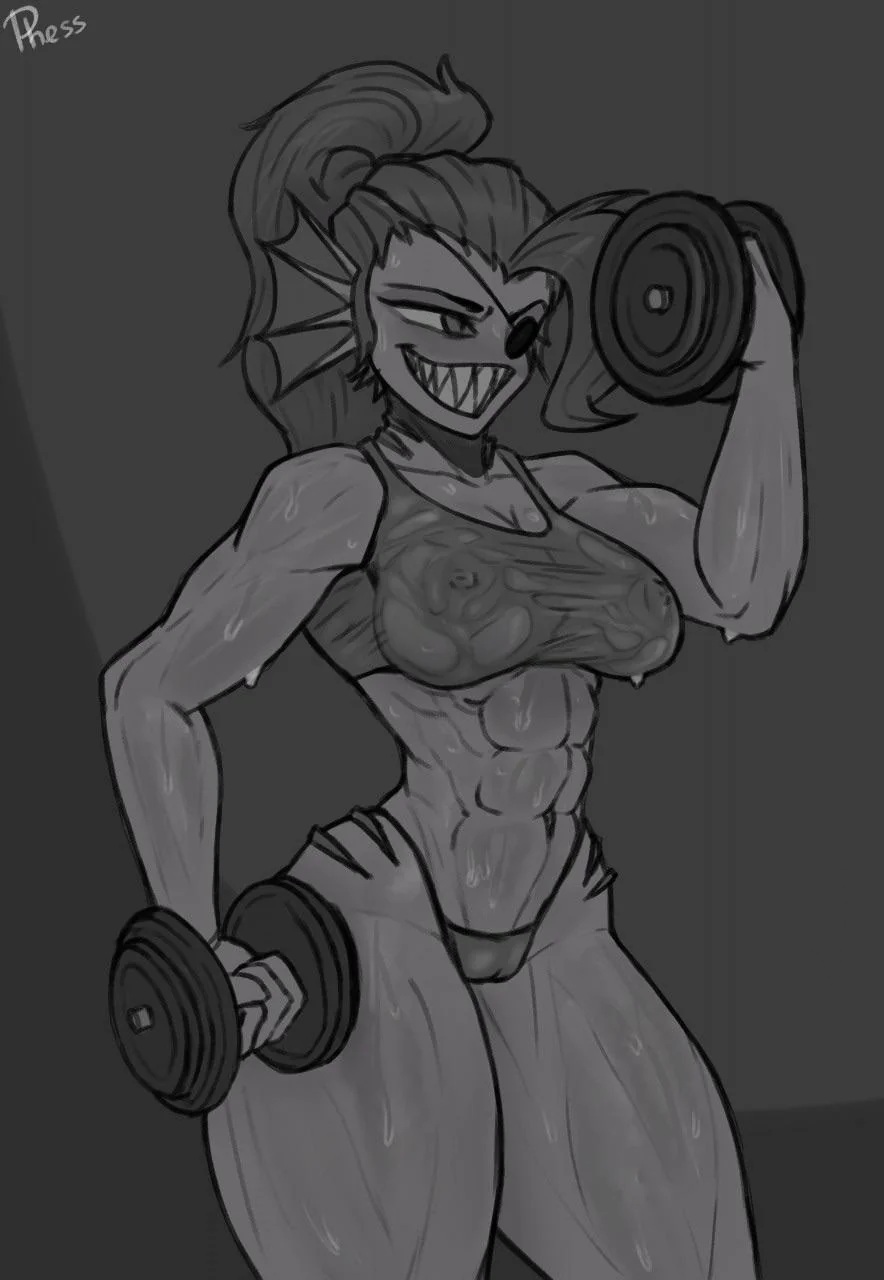 1girls 2d 2d_(artwork) 2d_artwork abs athletic_female belly_button big_hair breasts buff_female buffed crop_top dumbbell eyepatch fish gills lifting monochrome muscle_girl muscular muscular_arms muscular_female muscular_legs muscular_thighs nipples nipples_visible_through_clothing no_color phess ponytail pussy_visible_through_clothes pussy_visible_through_panties see-through sharp_teeth six_pack sweat sweating tagme thick_thighs thong toned toned_arms toned_back toned_belly toned_female toned_legs toned_stomach undertale undertale_(series) undyne voluptuous weightlifting wide_hips workout