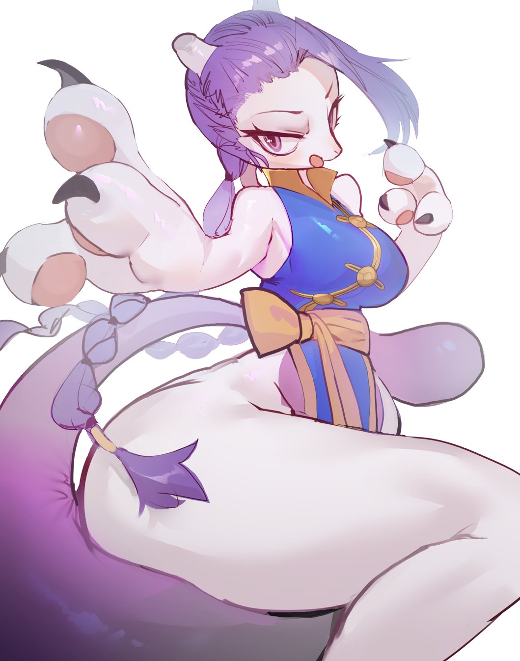 1girls 3_fingers anthro anthro_only big_breasts breasts cosplay female female_only martial_arts_style_mewtwo mewtwo nintendo pokemon pokemon_(species) simple_background solo thick_thighs utterangle white_background wide_hips