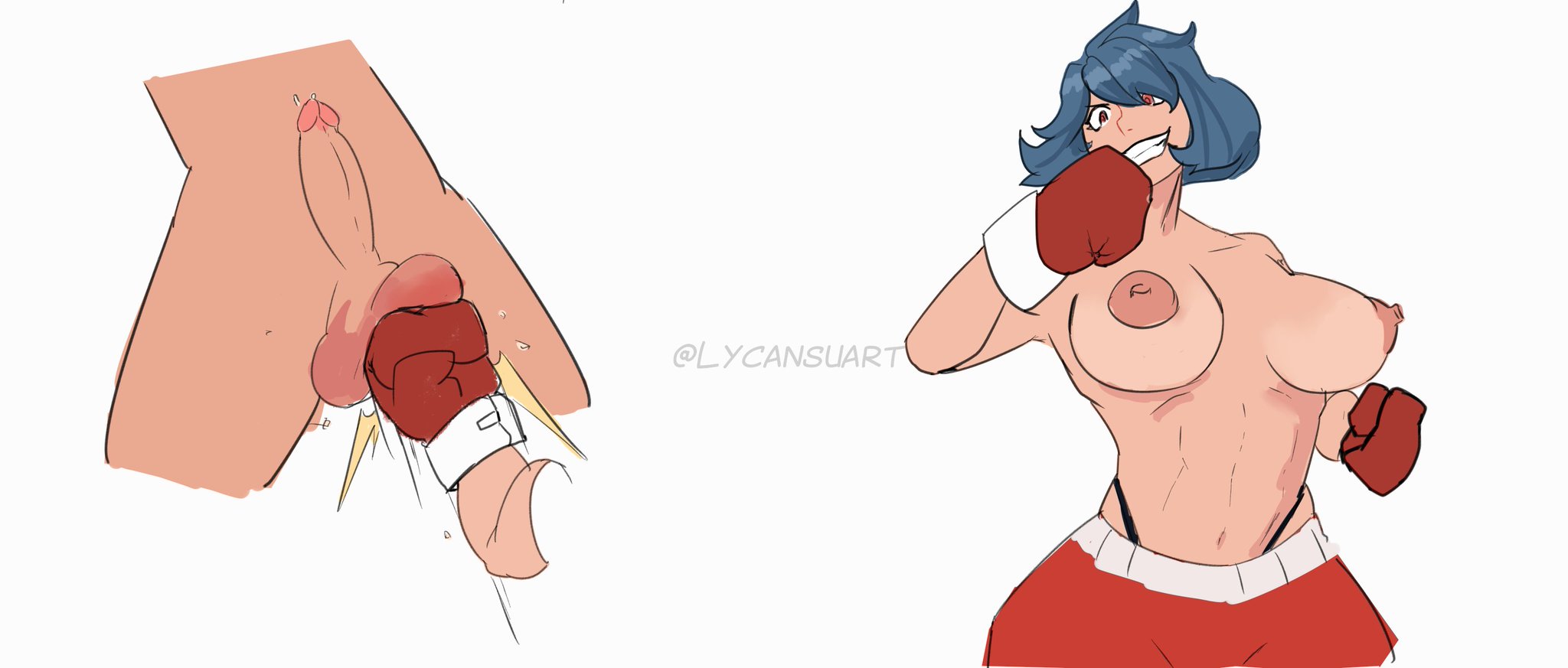 1girls, ballbusting, balls, bare shoulders, big breasts, blue hair, boxing gloves, breasts, female, femdom, gloves, happy female, light skin, light-skinned female, lycansuart, male, nipples, no bra, punch, punching bag, punching balls, red boxing gloves, red gloves, red shorts, shorts, simple background, tagme, topless, uppercut, white background