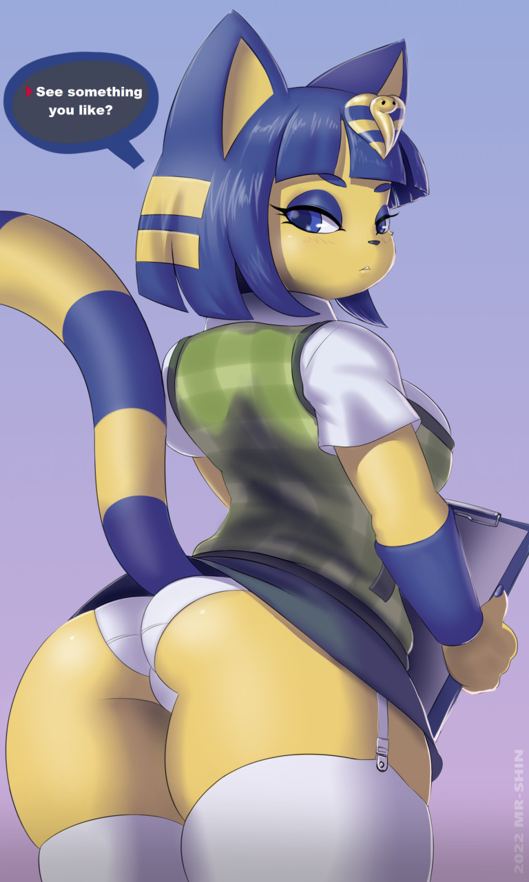 animal_crossing ankha ass back back_view blue_eyes blue_hair cat_ears cat_tail catgirl cosplay female female_focus female_only furry holding_object huge_thighs isabelle_(animal_crossing) isabelle_(animal_crossing)_(cosplay) looking_back mr-shin nintendo skirt skirt_lift stockings text thick_thighs thighs thong wide_hips yellow_fur