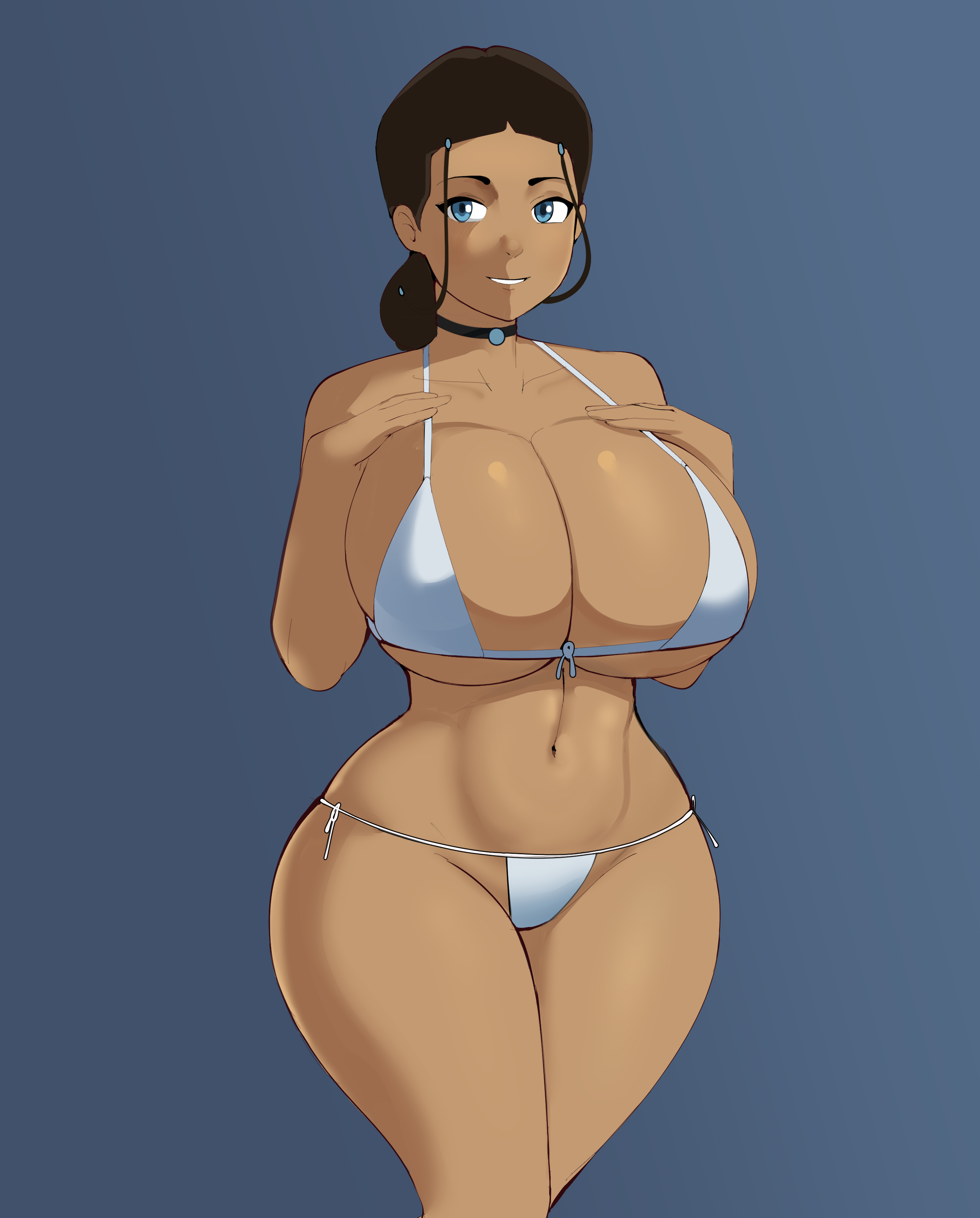 1girls, alternate breast size, avatar legends, avatar the last airbender, big breasts, bikini, bikini bottom, bikini top, blue background, blue eyes, breasts, dark hair, dark skin, dark-skinned female, female, g3mma, hand on breast, katara, navel, necklace, smiling at viewer, solo, tan body, water tribe, white bikini