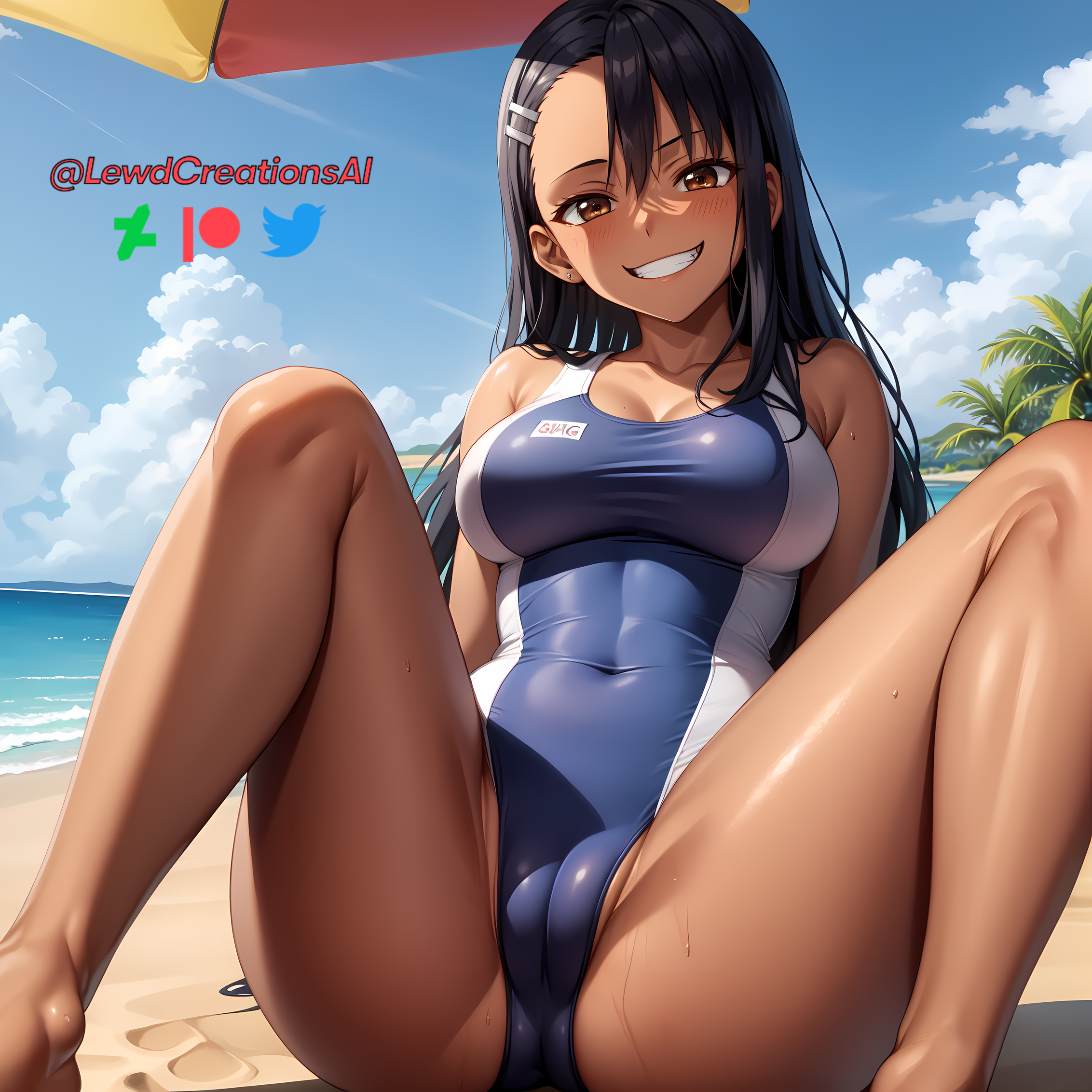 1girls, ai generated, beach, big breasts, black hair, blush, breasts, brown eyes, cameltoe, cleavage, clothed, clothing, curvy, fangs, female, female focus, female only, hayase nagatoro, lewdcreationsai, long hair, looking at viewer, navel, one-piece swimsuit, outdoors, palm tree, please don't bully me, nagatoro, pussy, revealing clothes, sitting, smile, smirk, solo, spread legs, sweat, swimsuit, watermark, wide hips