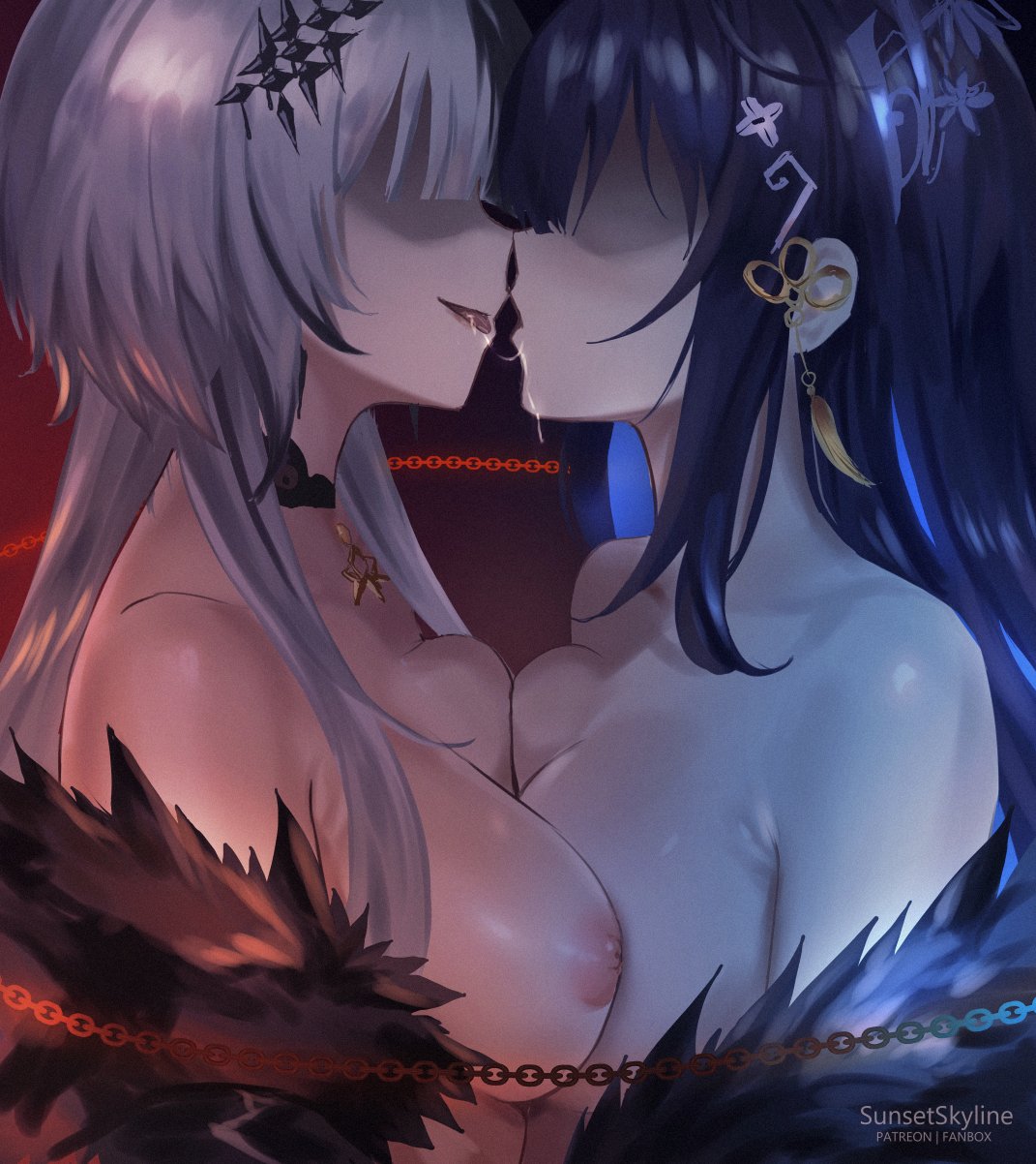 2girls alternate_version_at_source armpit_crease artist_name black_hair blue_hair breast_press breasts chains faceless faceless_female fur_trim grey_hair hair_ornament hairclip highres hololive hololive_english hololive_english_-advent- large_breasts long_hair multicolored_hair multiple_girls nerissa_ravencroft nipples saliva saliva_trail shiori_novella sunsetskyline two-tone_hair virtual_youtuber yuri