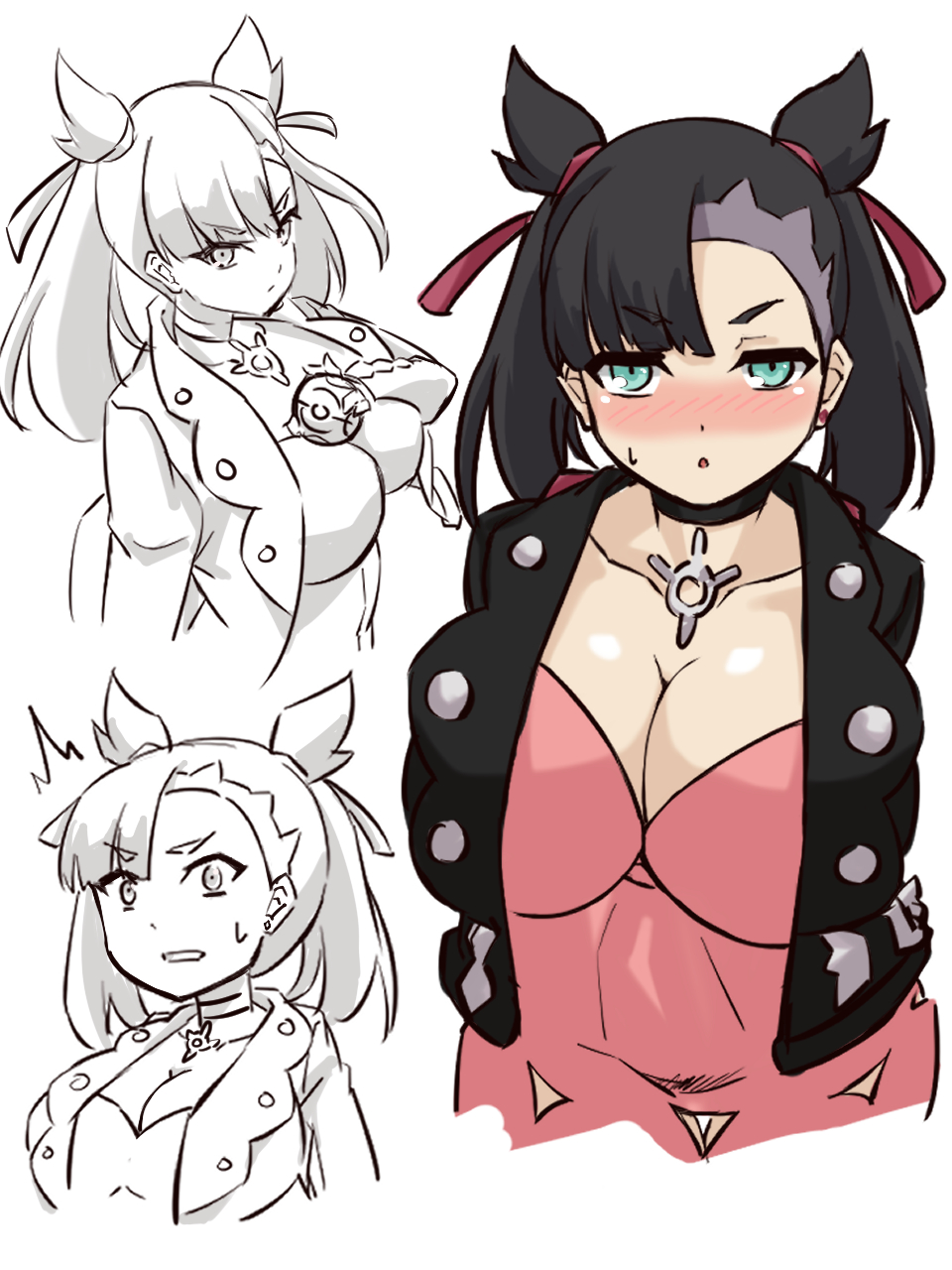 big_breasts black_and_white black_hair black_jacket blue_eyes blush cleavage hizakake huge_breasts jacket jewelry looking_at_viewer marnie_(pokemon) necklace panties pink_ribbon pokeball pokemon pokemon_(game) pokemon_ss surprised surprised_expression sweat white_panties