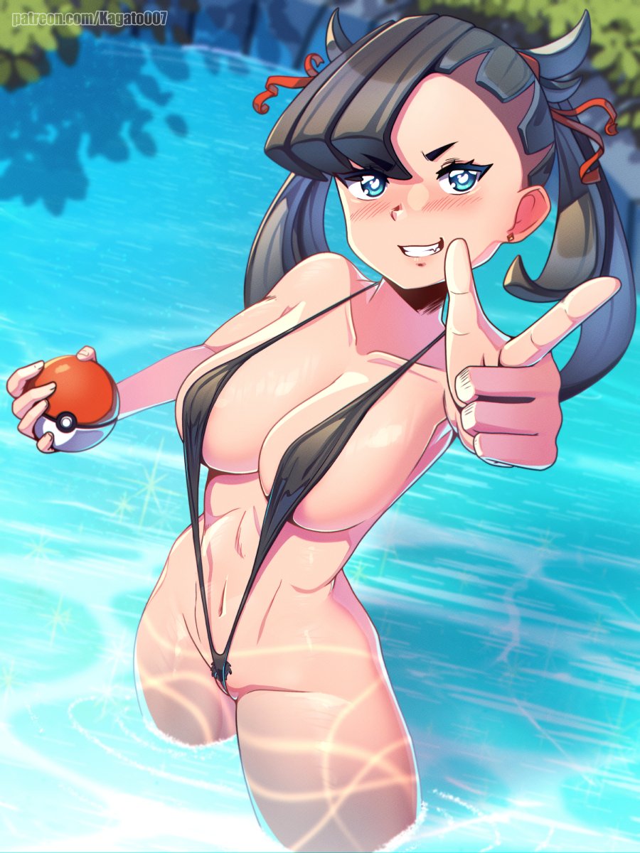 1girls, abs, alternate breast size, bikini, black hair, black-haired female, blue eyes, blush, breasts, female, fit, fit abs, fit female, goth, goth girl, holding object, kagato007, marnie (pokemon), micro bikini, nintendo, pointing at viewer, pokemon, pokemon ss, pubic hair, pubic hair peek, punk, punk girl, short hair, sling bikini, thick thighs, tomboyish, tough girl, water, wide hips