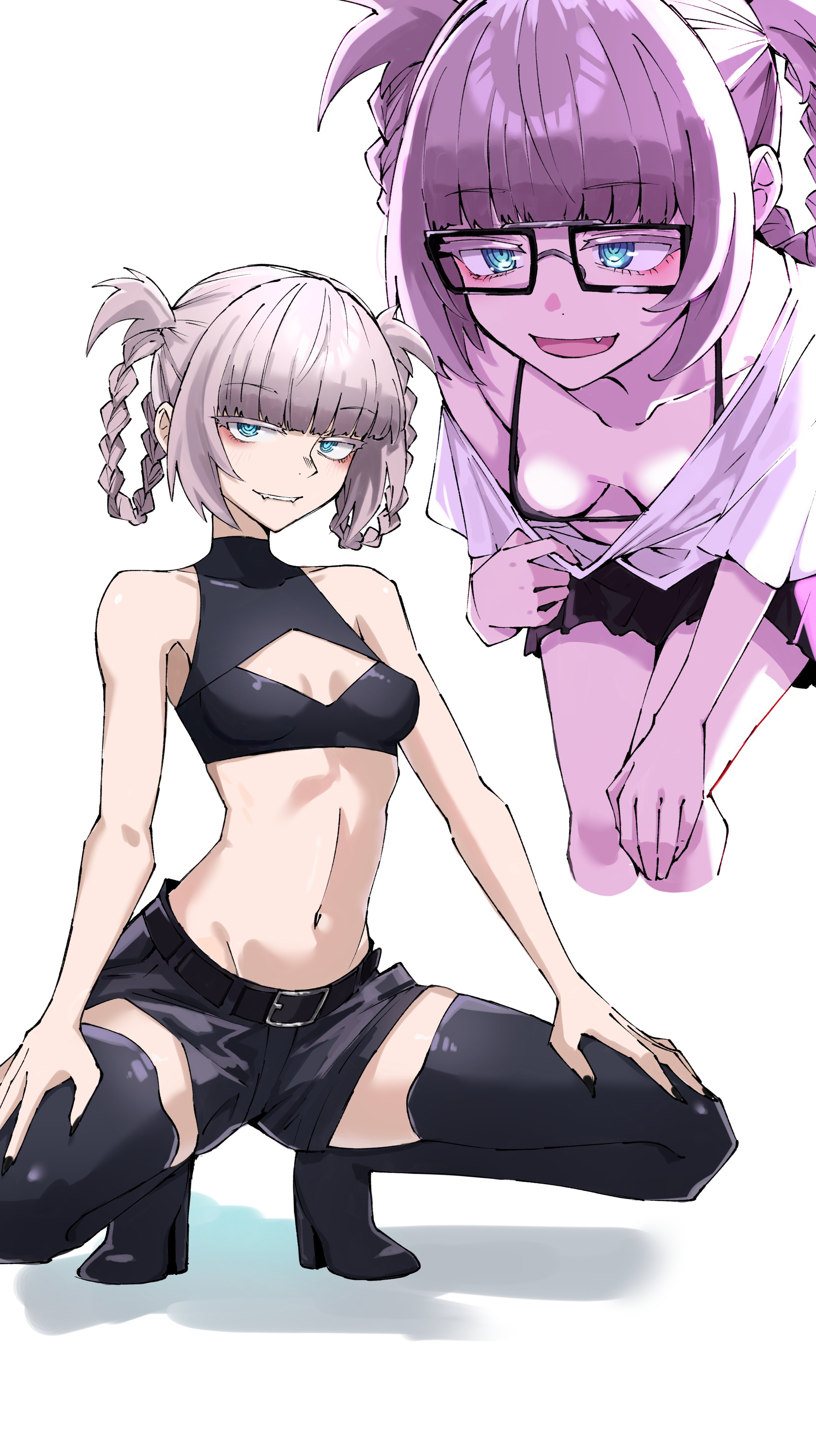 1girls, biting lip, blue eyes, channyy19, female, female only, flashing, glasses, nanakusa nazuna, solo, squatting, vampire, white hair, yofukashi no uta