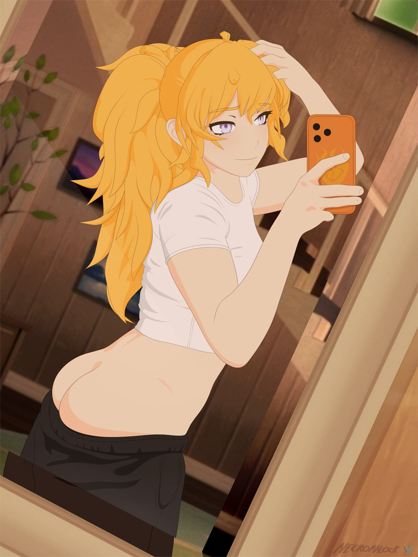 ass blonde_hair mirror_selfie necromalock ponytail purple_eyes rwby selfie tagme yang_xiao_long