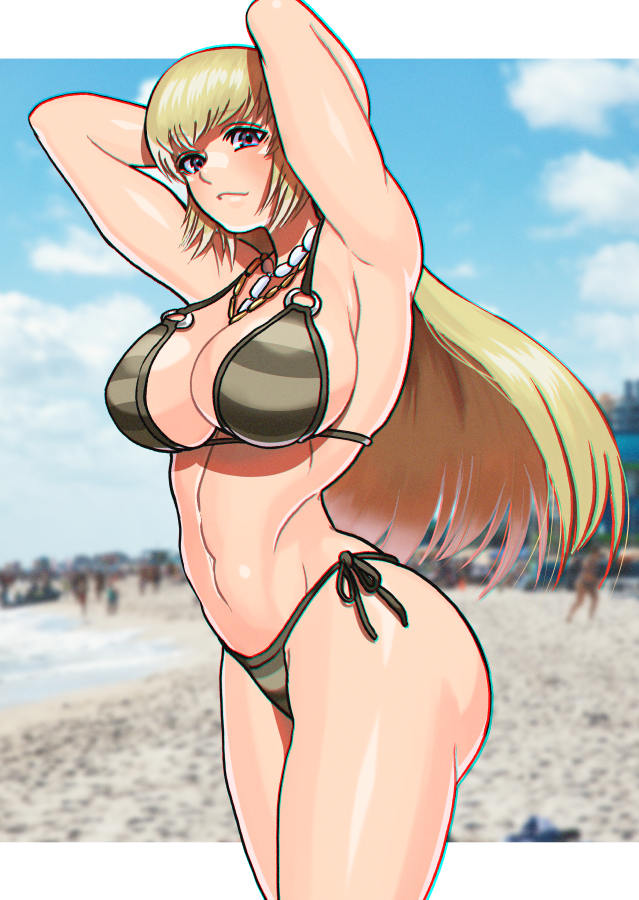 1girls akisu_k armpits arms_behind_head ass bandai_namco beach big_breasts bikini blonde_hair breasts emilie_de_rochefort female female_only fighting_game fully_clothed long_hair namco ocean sand solo swimsuit tekken water