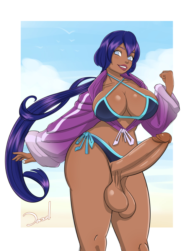 1futa balls ballsack beach big_breasts bikini bikini_bottom bikini_top breasts cleavage clothed clothing dark-skinned_futanari dark_skin dazol dickgirl erection esmeray female_only futa_only futanari huge_balls huge_breasts huge_cock human jacket large_penis lipstick long_hair looking_at_viewer mostly_nude original_character penis ponytail purple_hair seaside smile smiling smooth_balls smooth_penis standing toned very_long_hair white_eyes