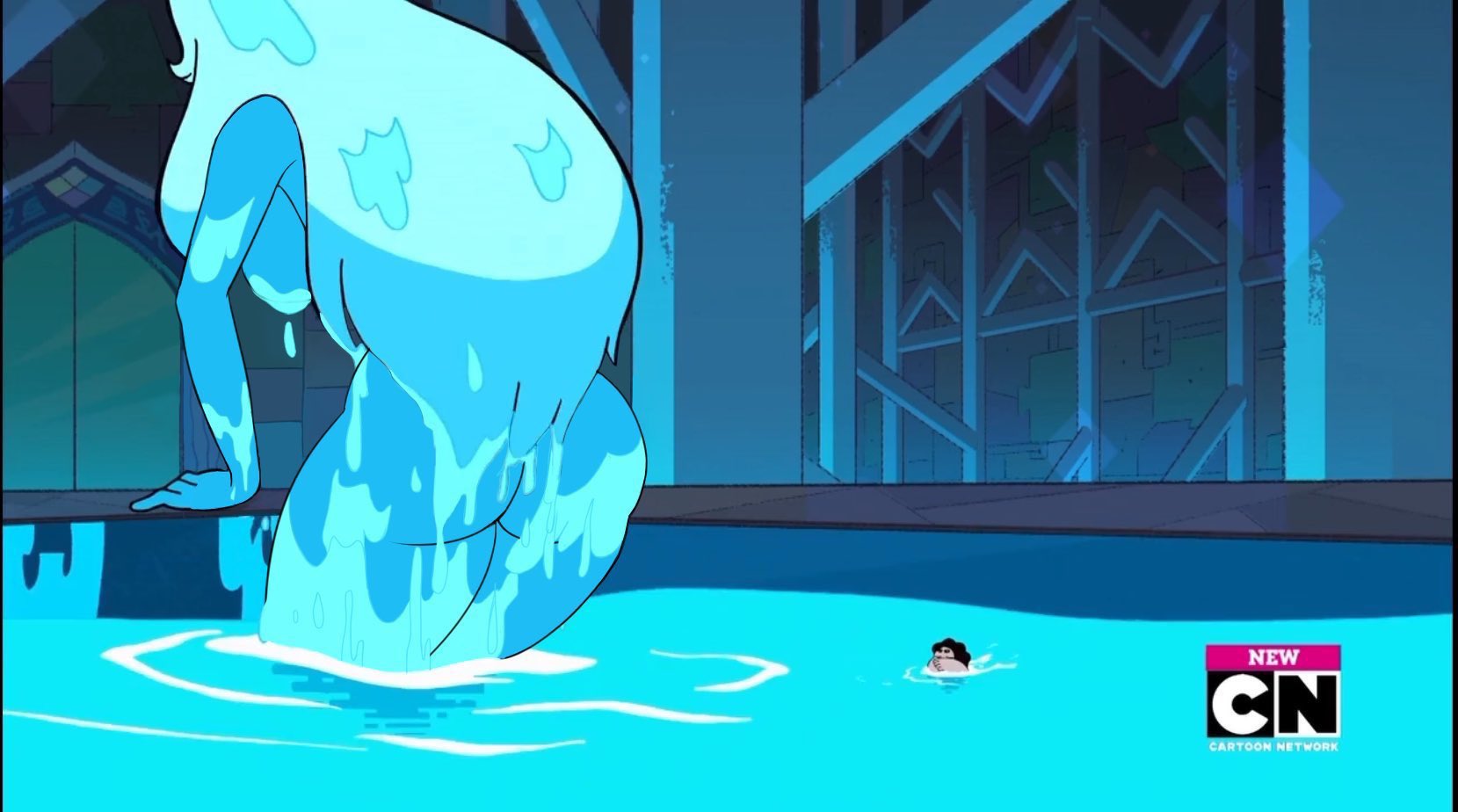 1boy, 1girls, accurate art style, artist request, ass, back view, bath, bathing, bathtub, big ass, big breasts, blue body, blue diamond (steven universe), blue hair, blue skin, breasts, cartoon network, completely nude, edit, female, getting out of pool, giantess, male, mature female, naked, naked female, nude, nude female, screencap, screenshot, screenshot edit, spa, steven universe, unknown artist, water, wet, wet body, wet hair, wet skin